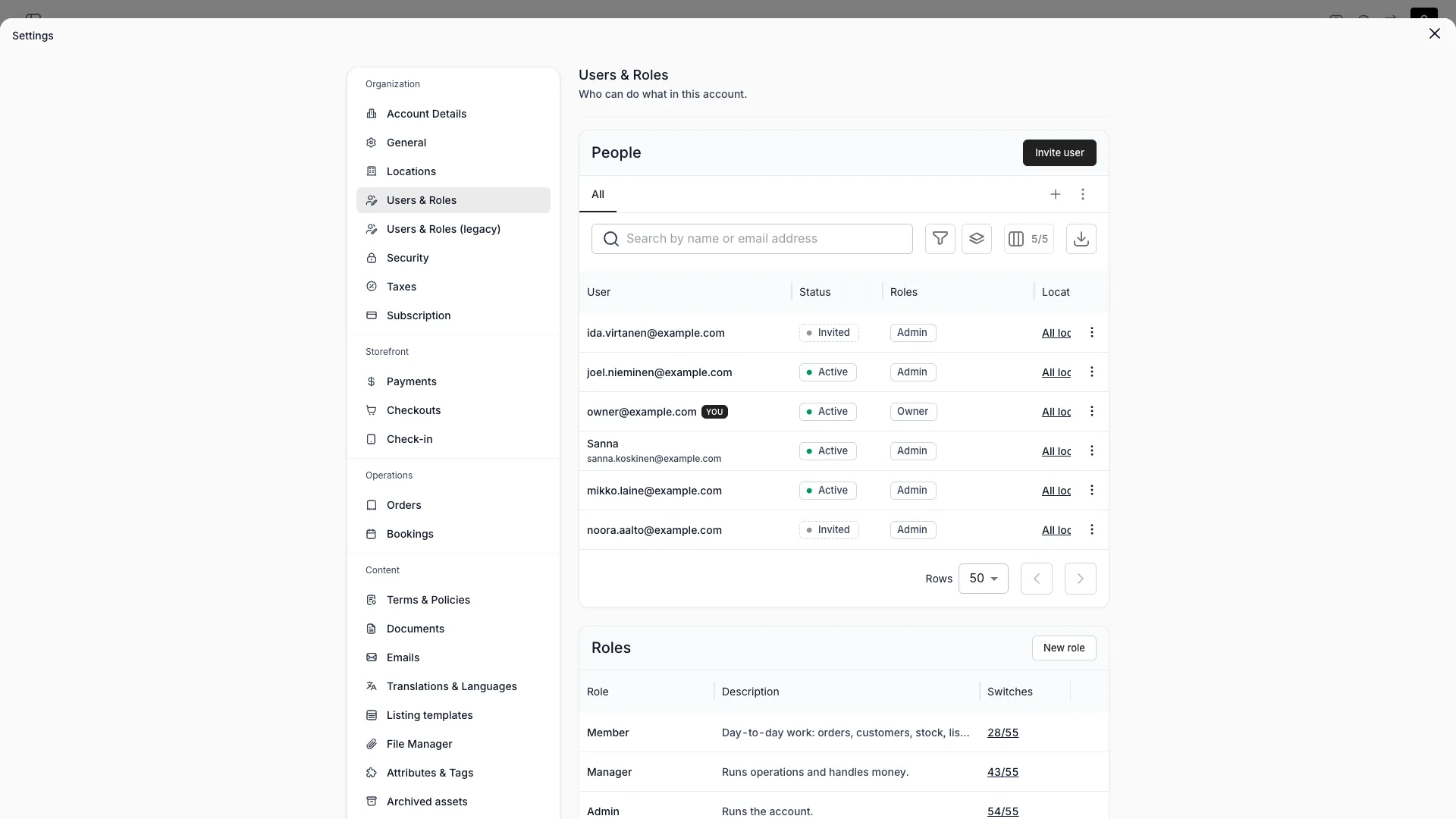 Users & Roles with the People list above the Roles list