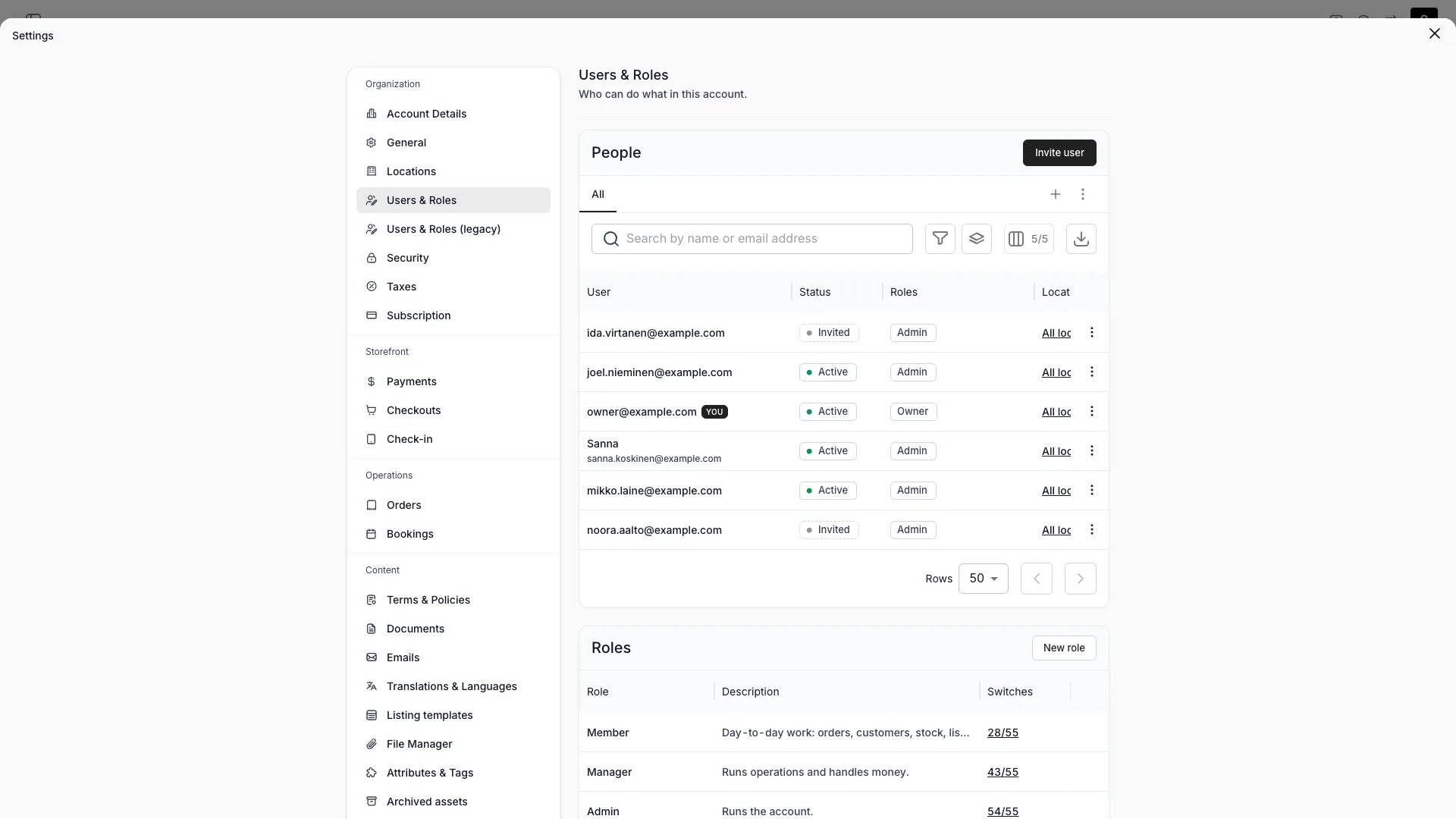 Users & Roles with the People list above the Roles list