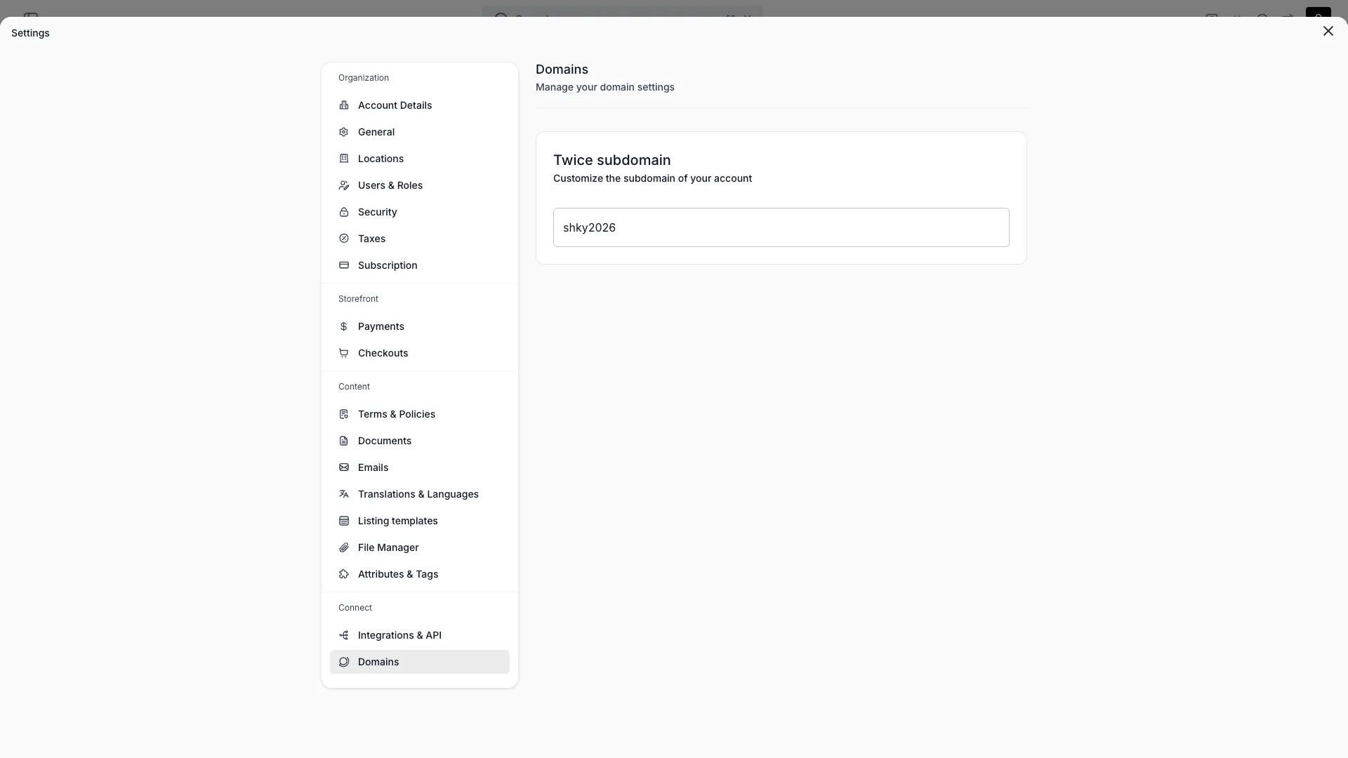 Domains settings page