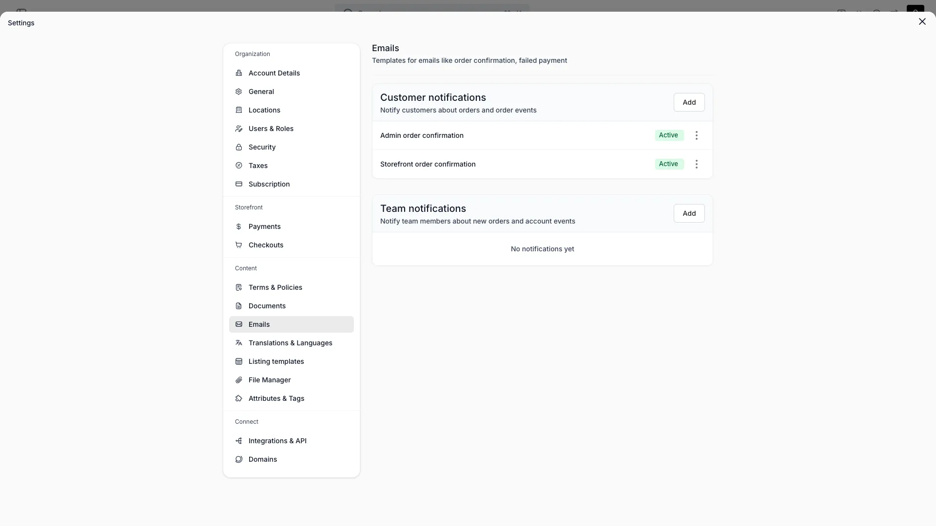 Emails settings page