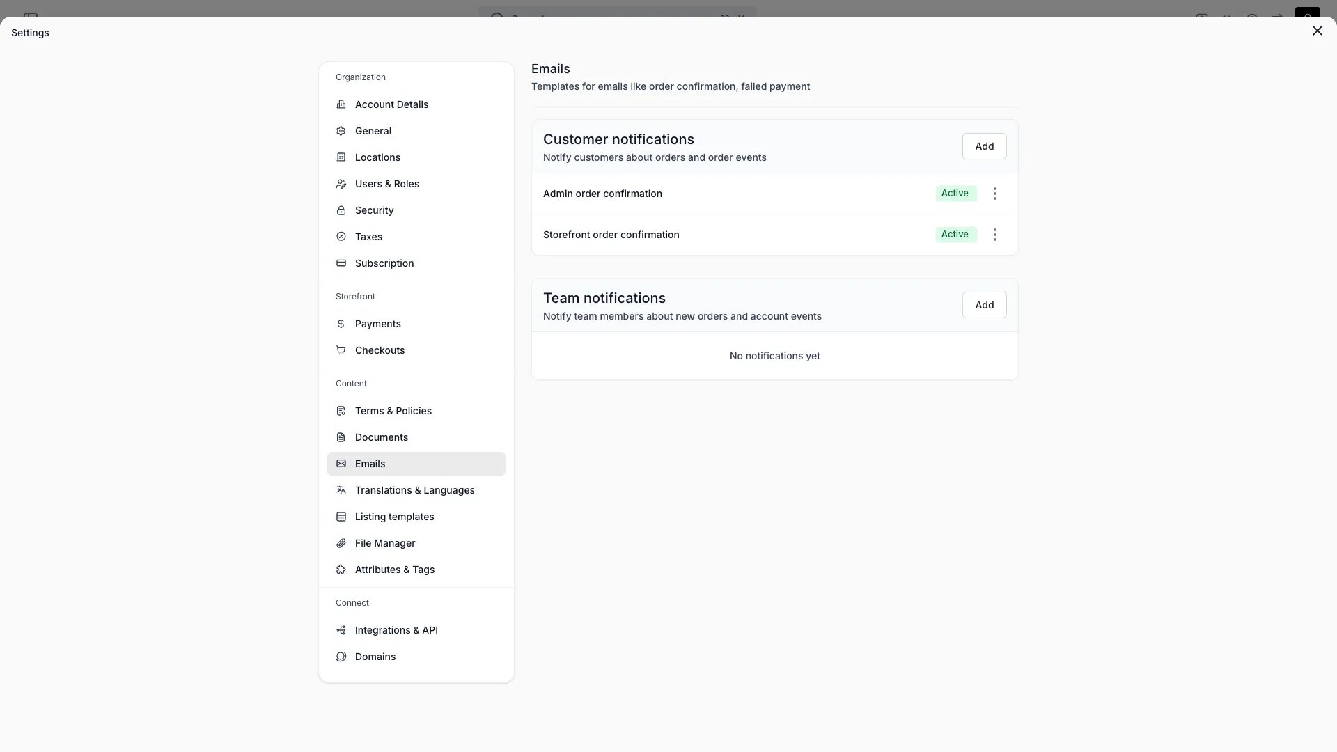 Emails settings page