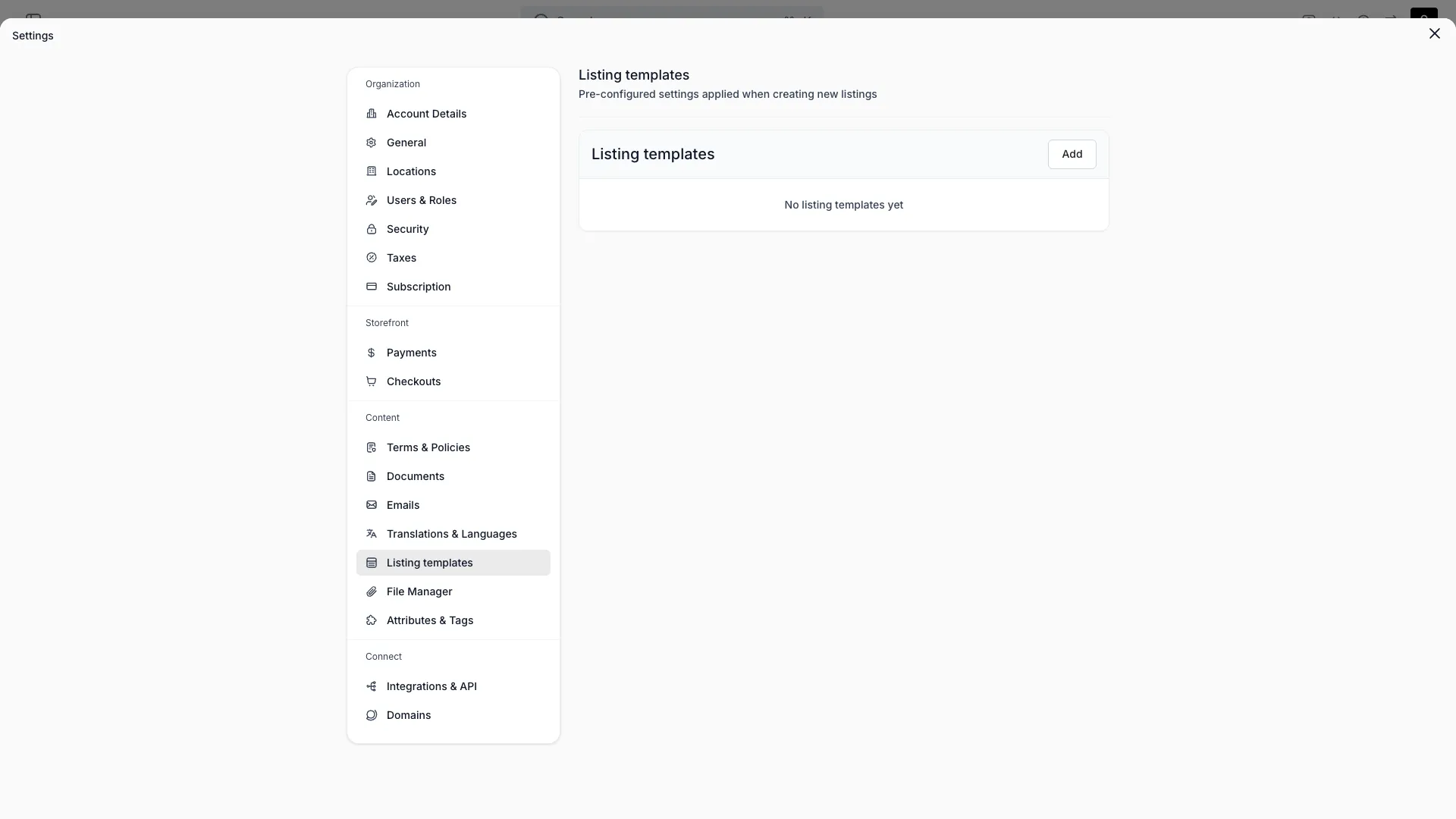 Listing Templates settings page