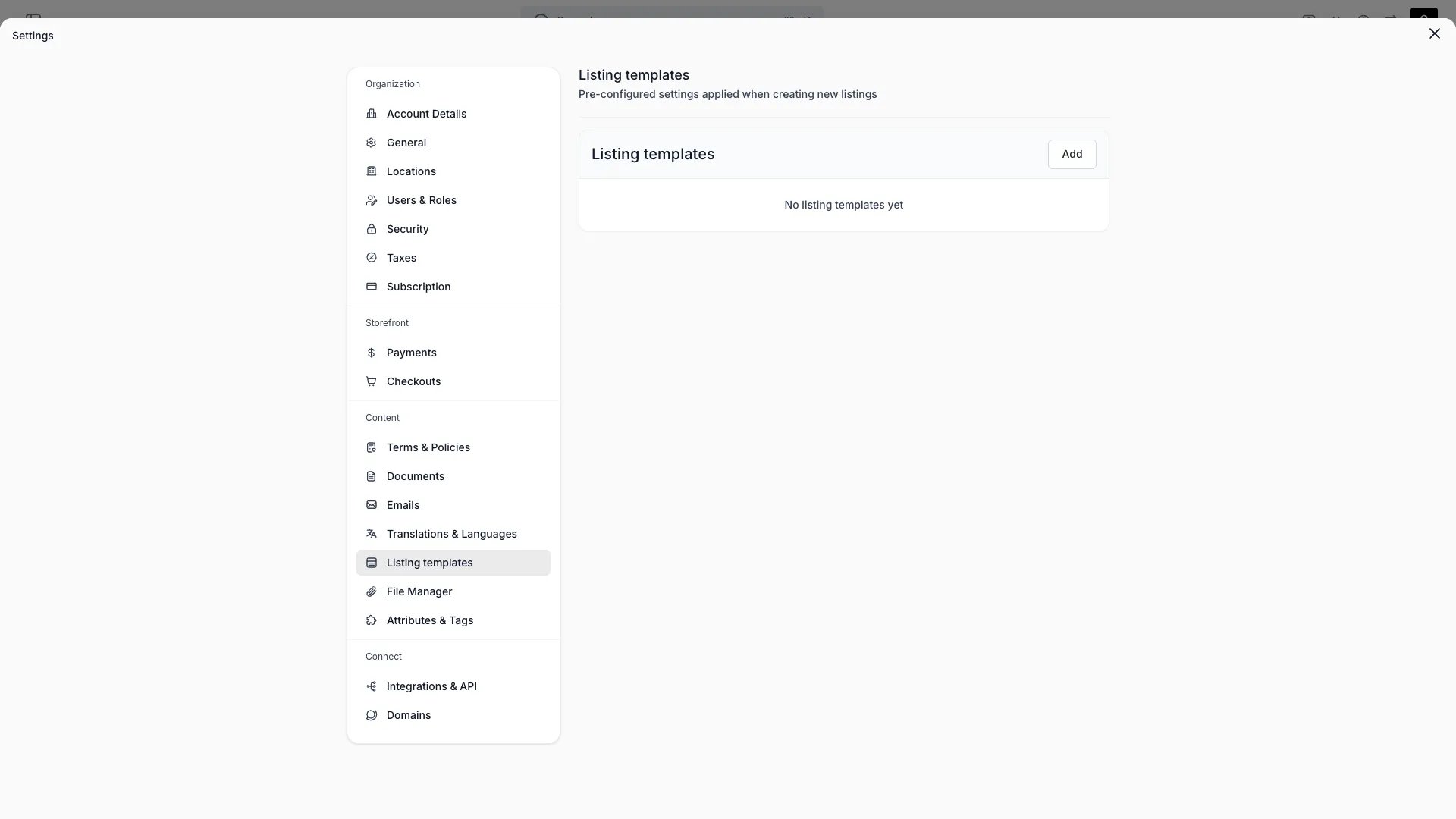 Listing Templates settings page