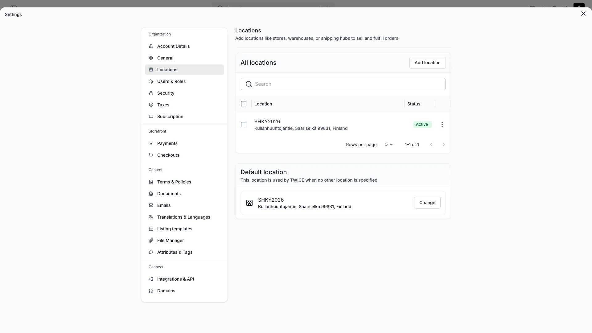 Locations settings in the admin