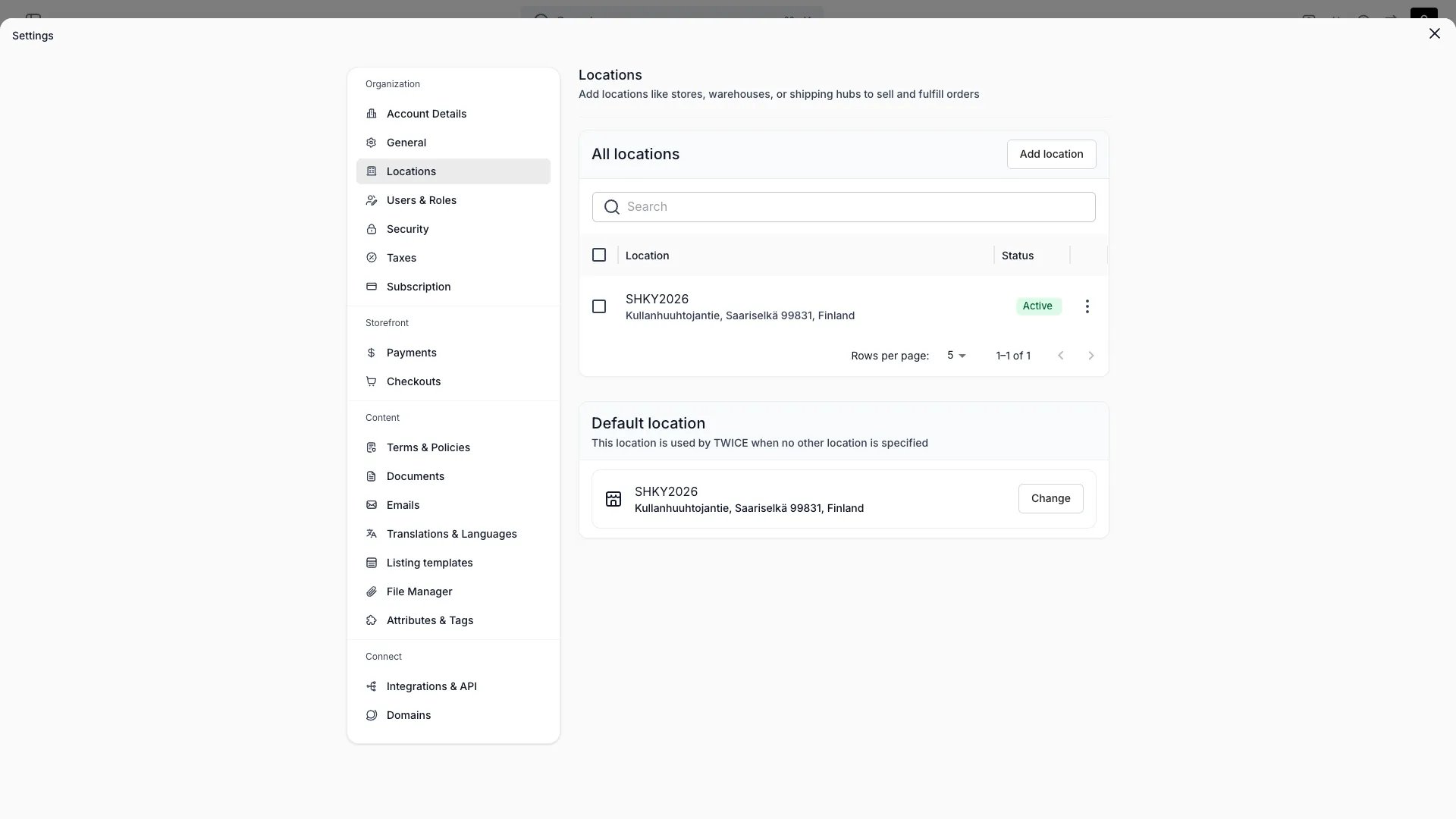 Locations settings in the admin