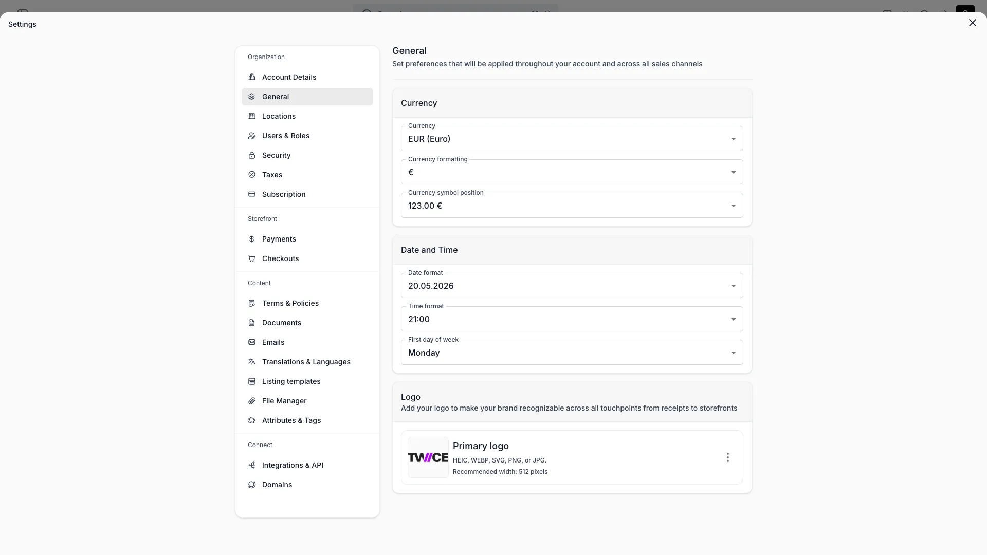 General settings page