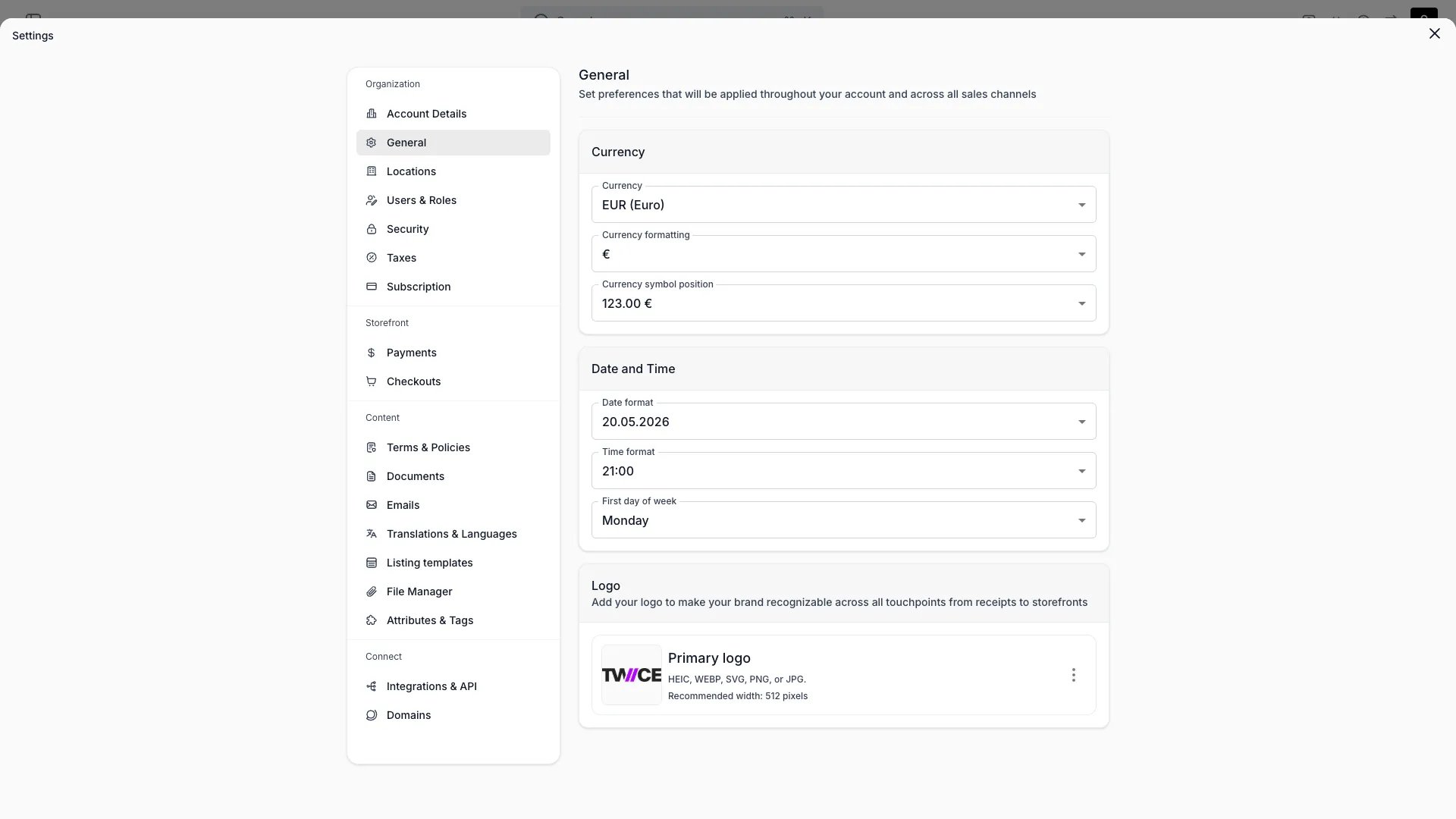 General settings page