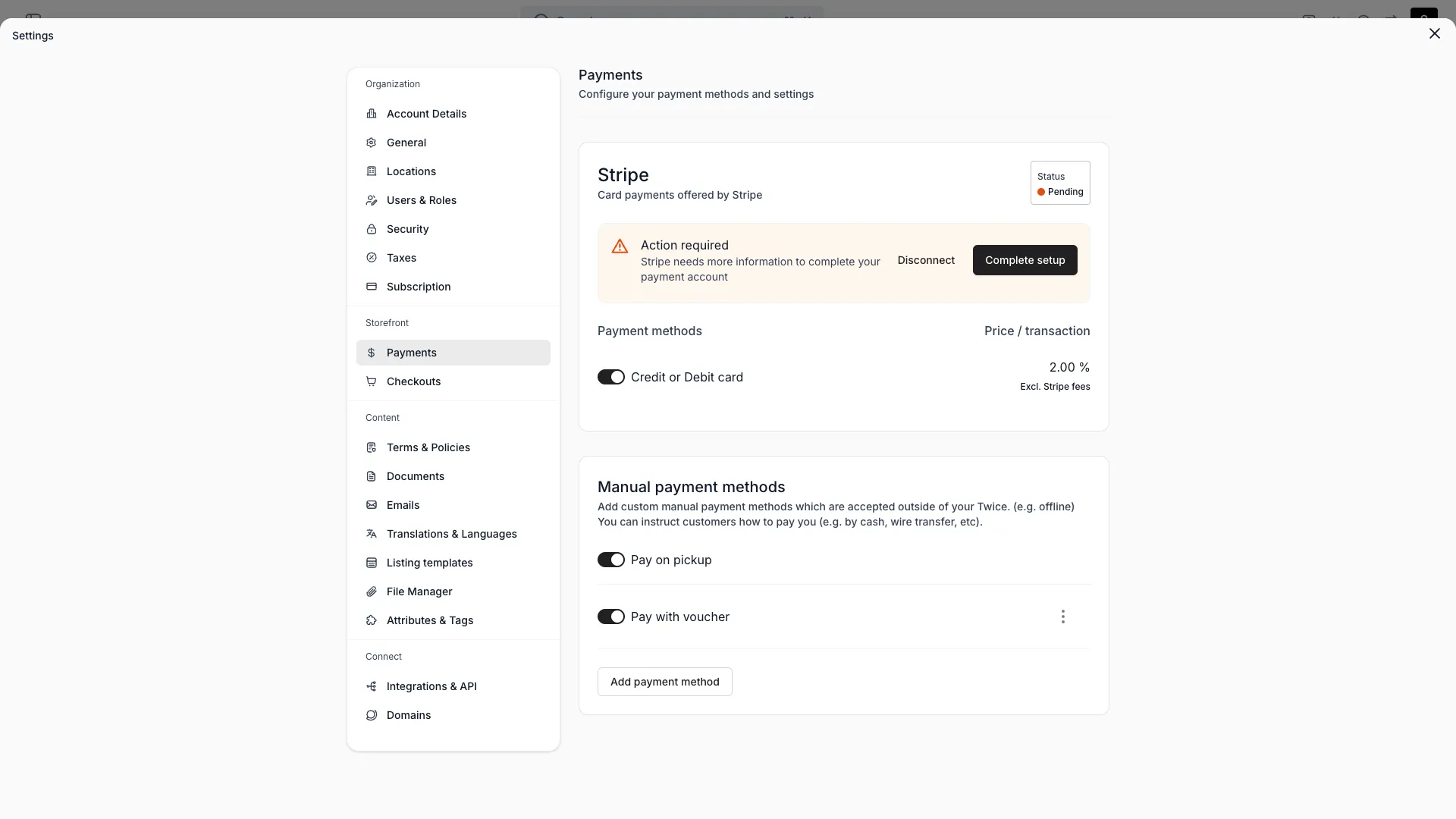 Payments settings page