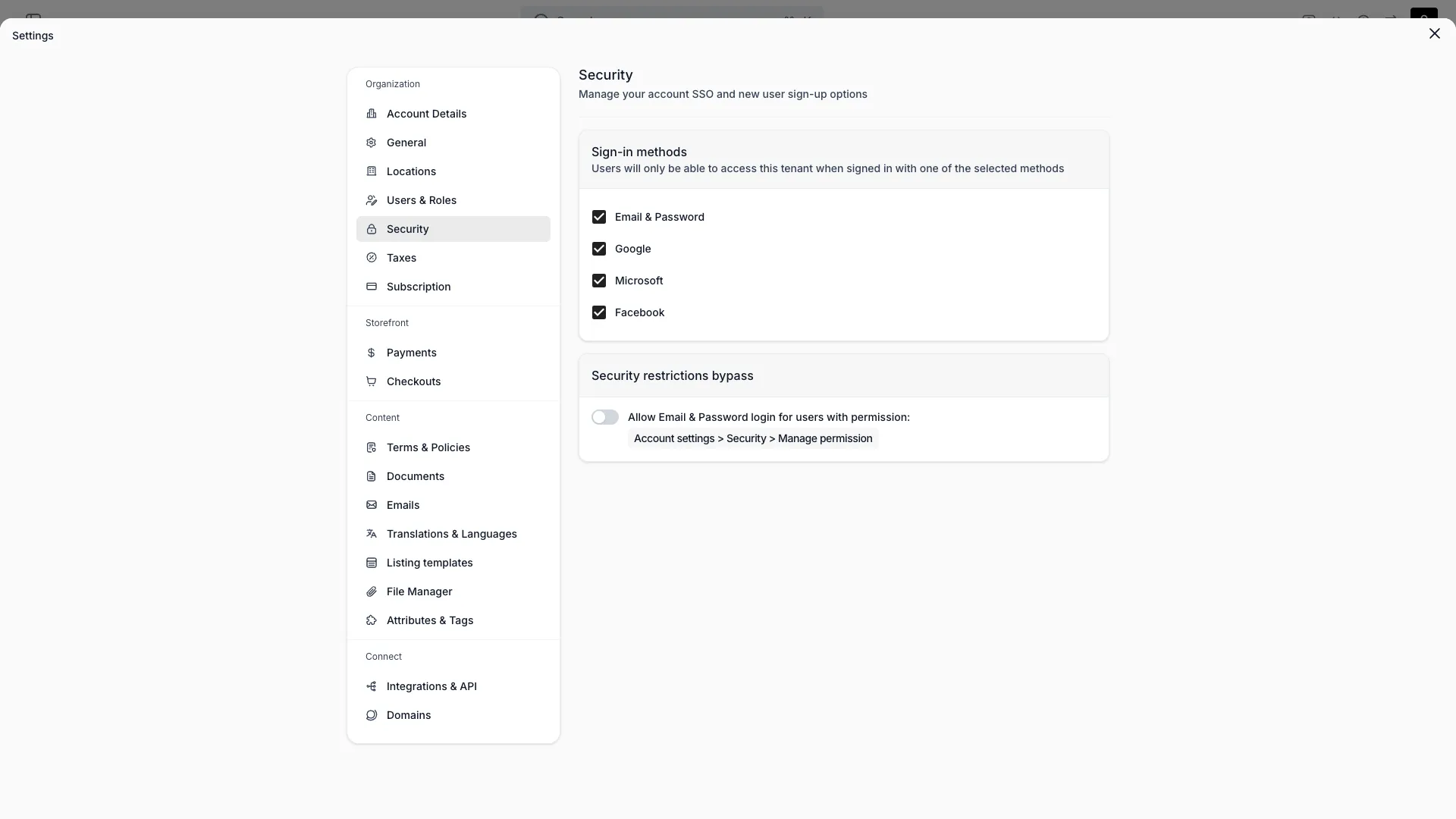 Security settings page