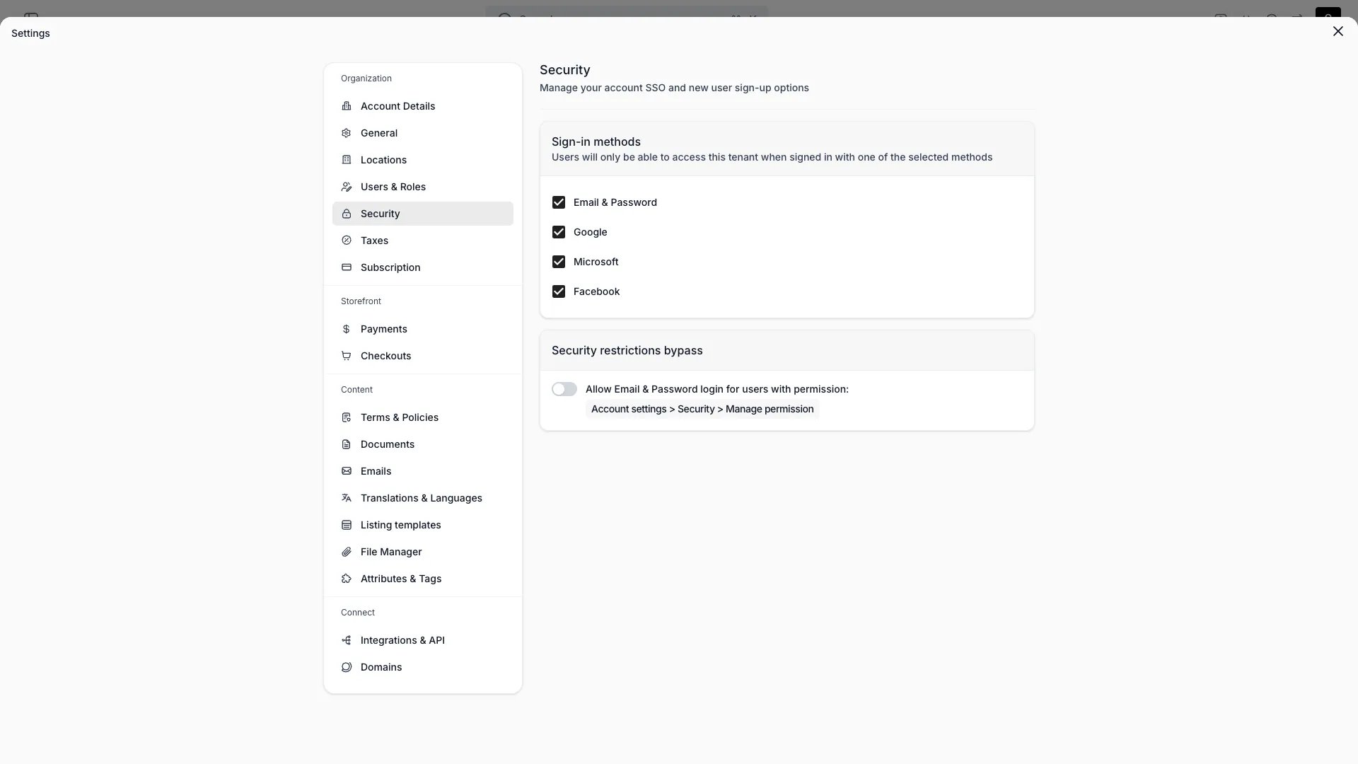 Security settings page