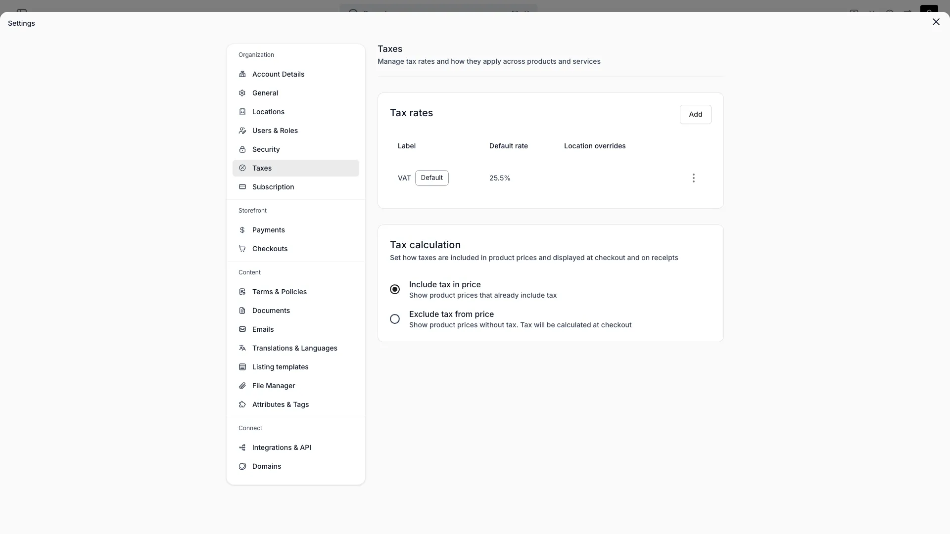 Taxes settings page