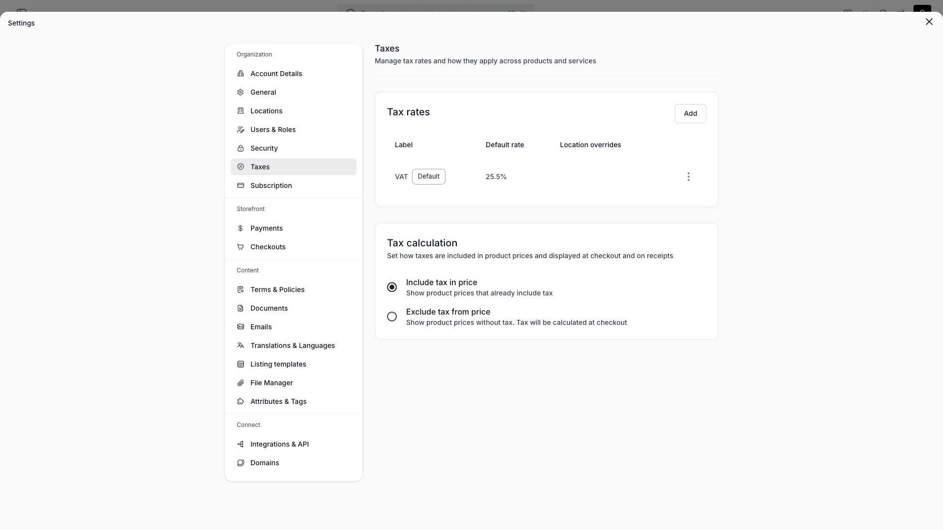 Taxes settings page