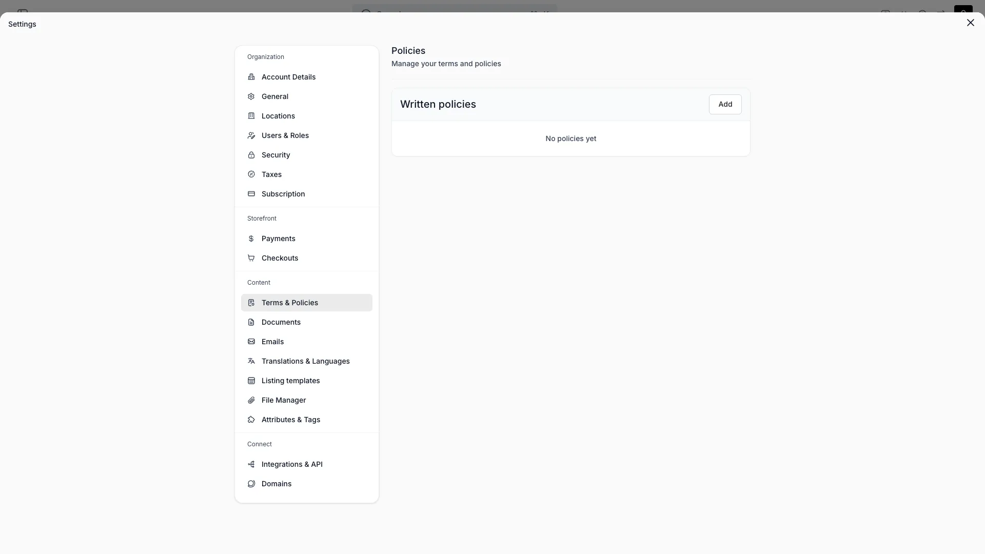 Terms & Policies settings page