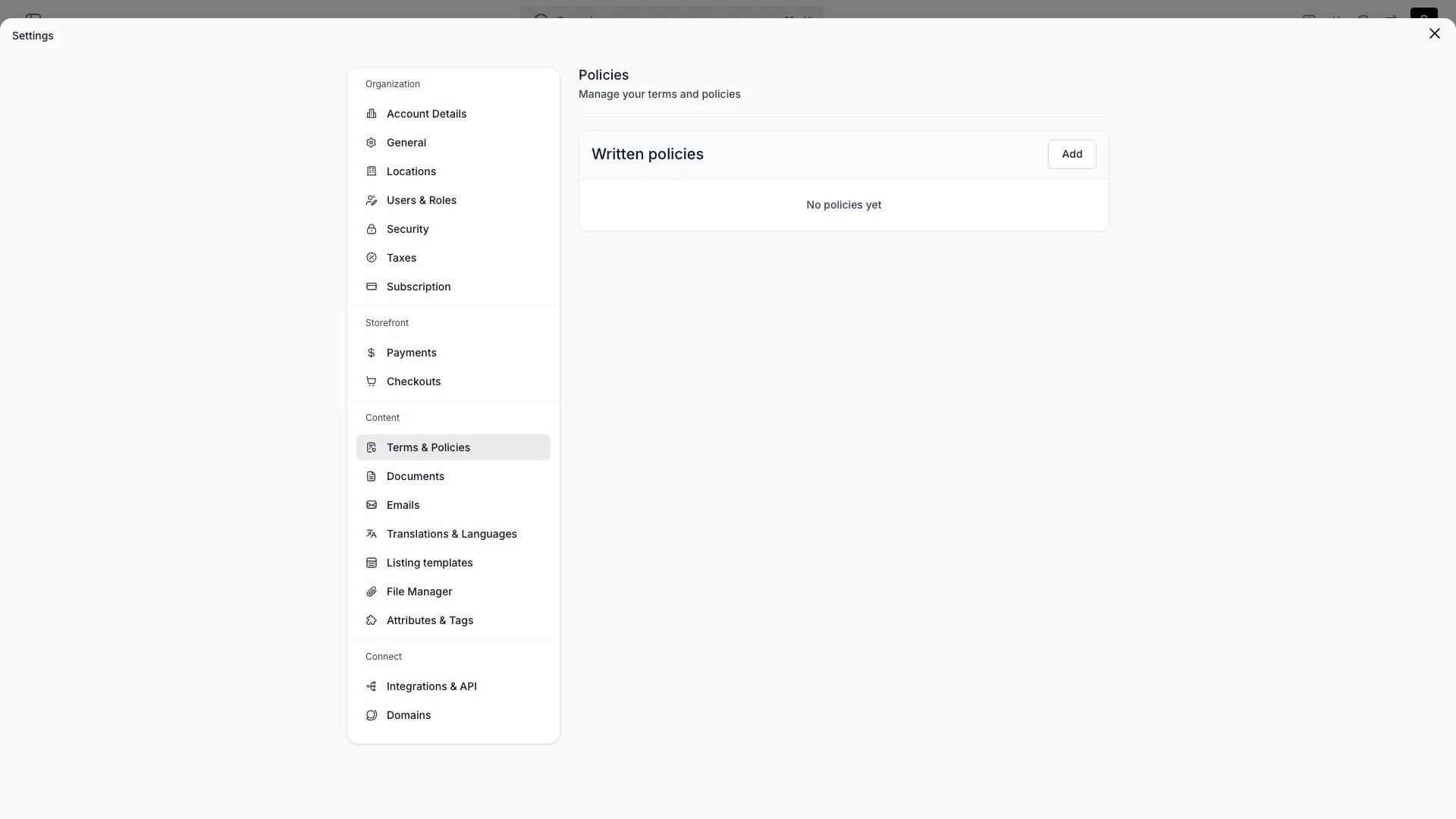 Terms & Policies settings page
