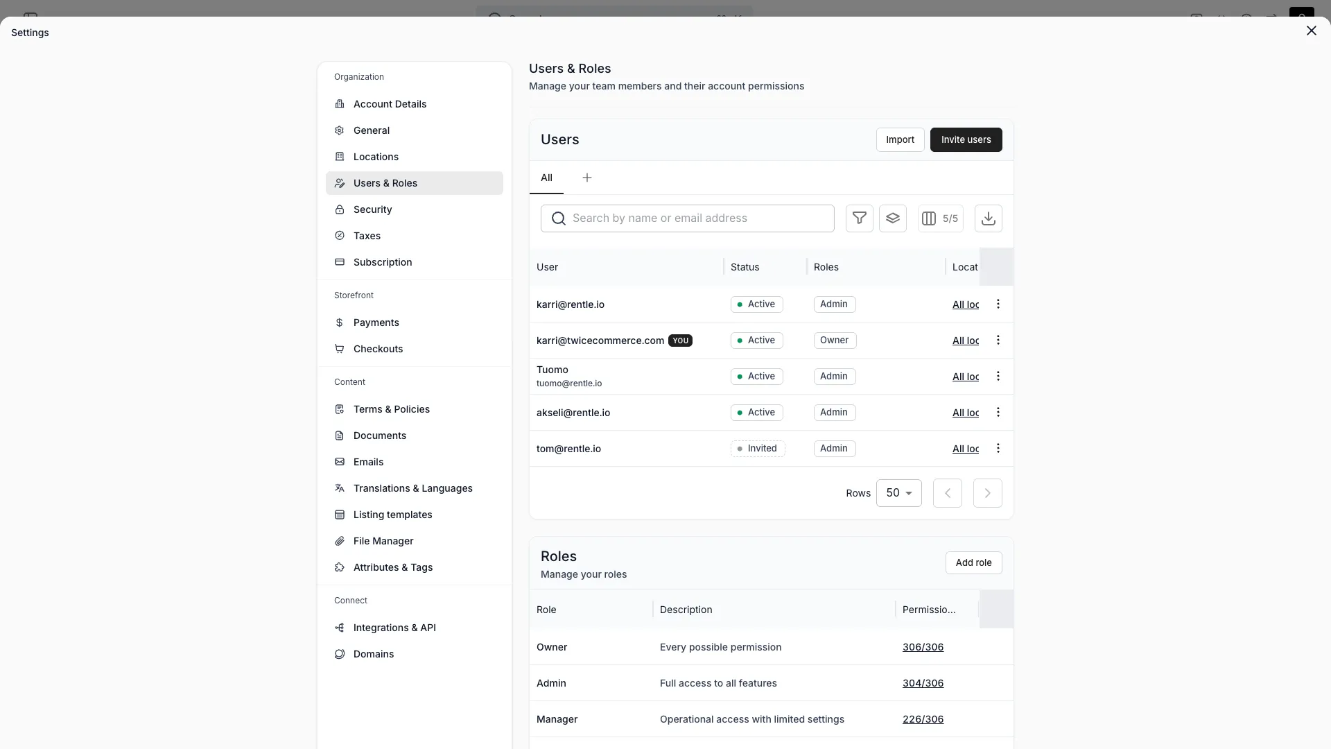 Users & Roles settings page