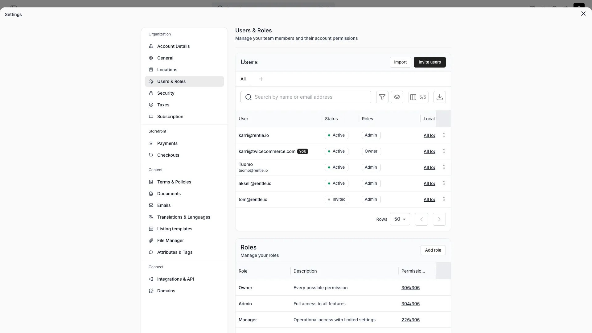 Users & Roles settings page
