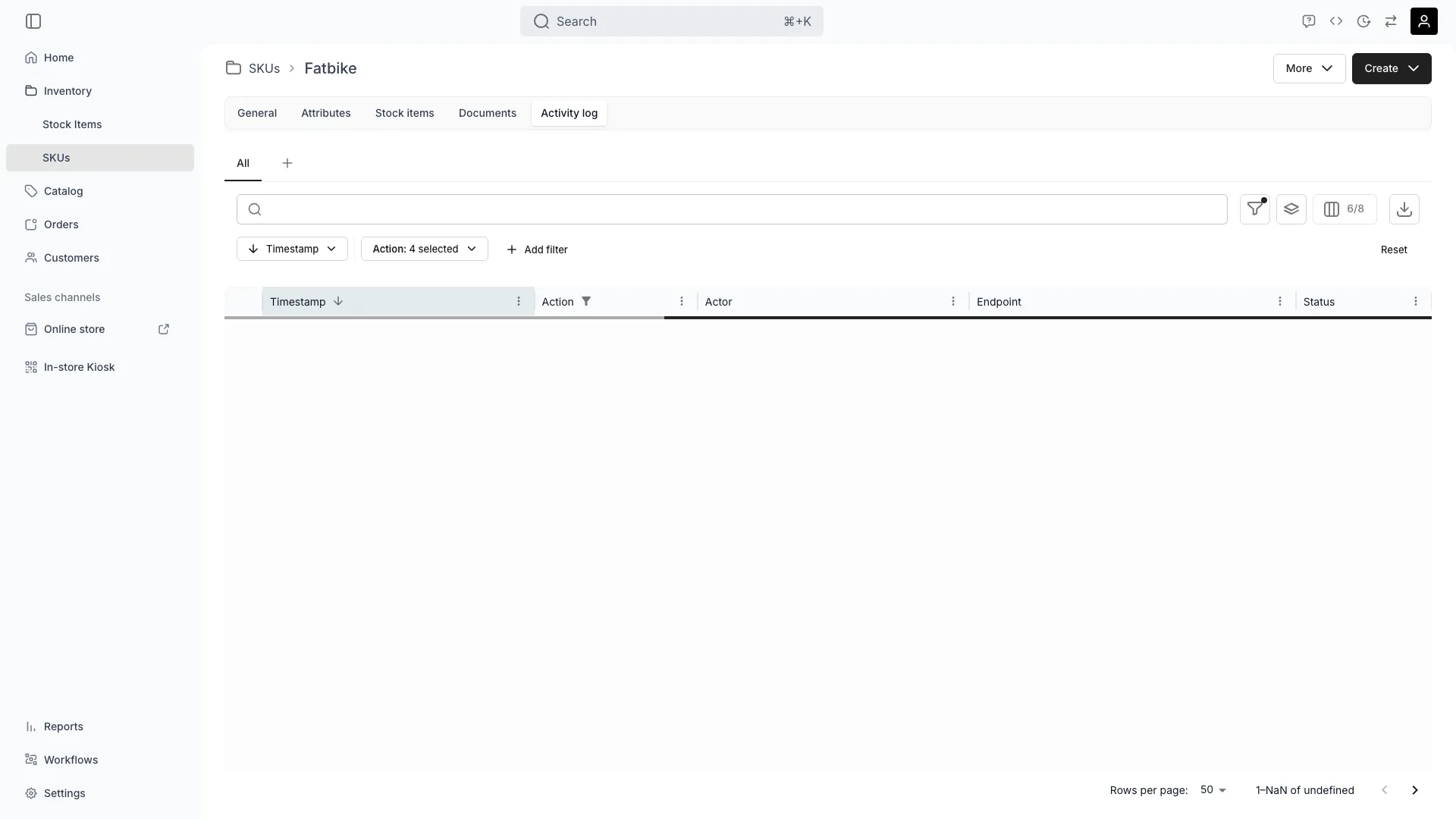 SKU Activity Log showing audit trail of all changes