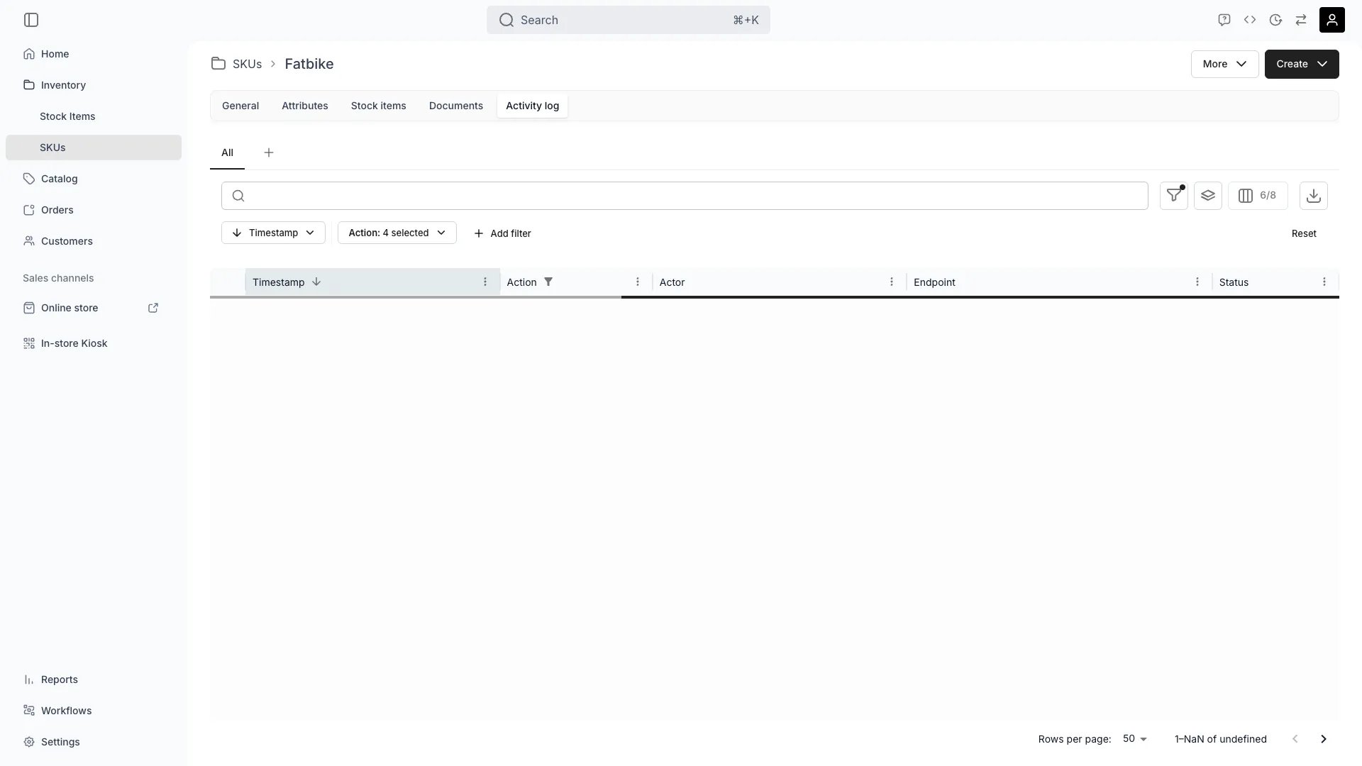 SKU Activity Log showing audit trail of all changes