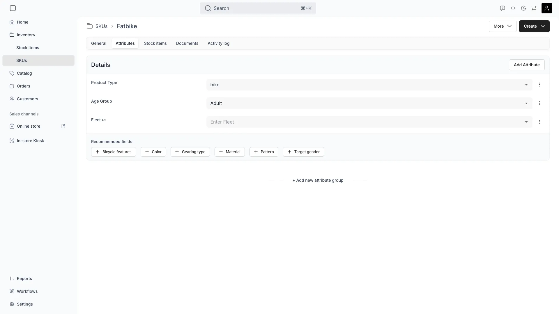 SKU attributes tab showing shared custom fields