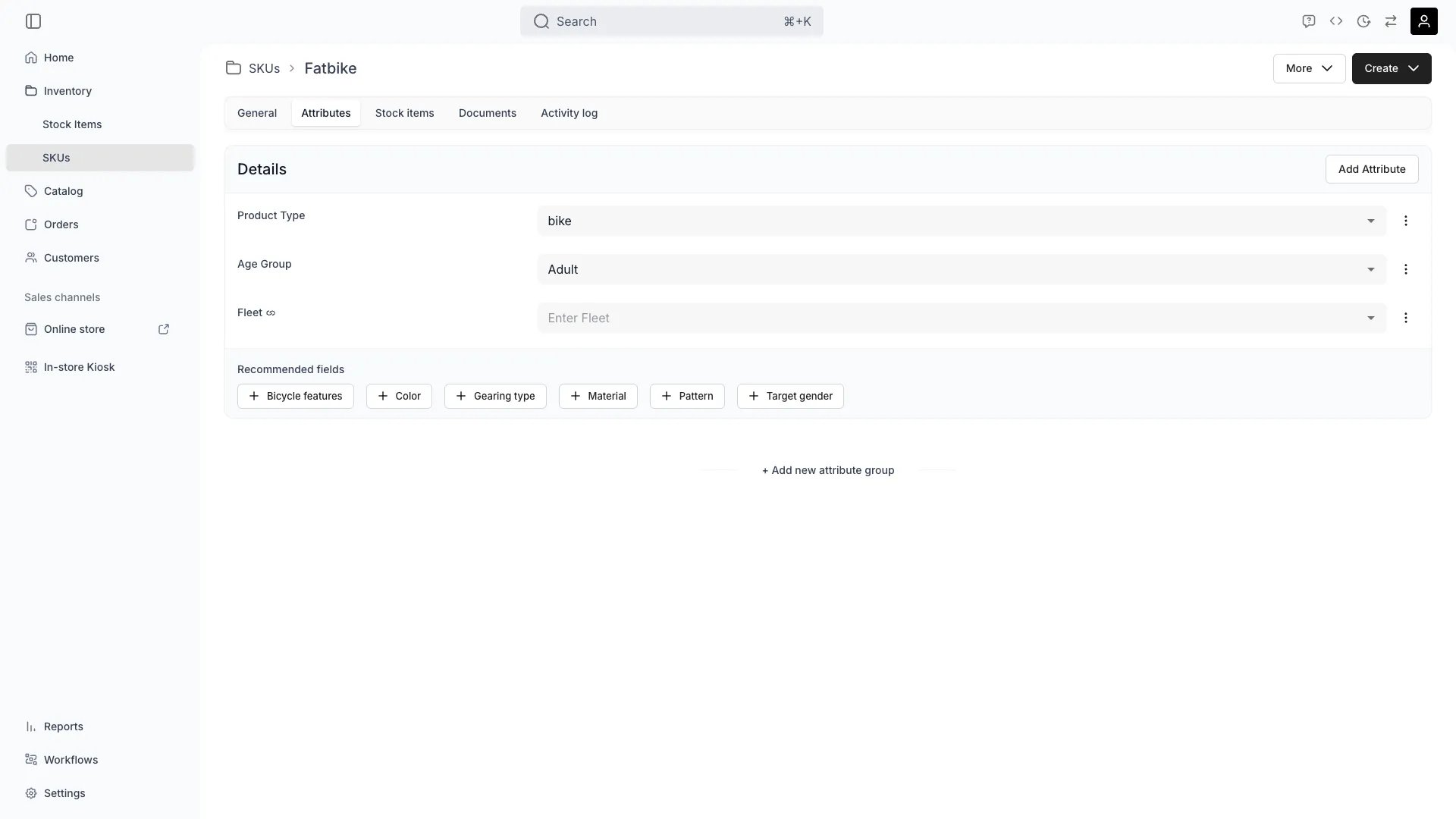 SKU attributes tab showing shared custom fields