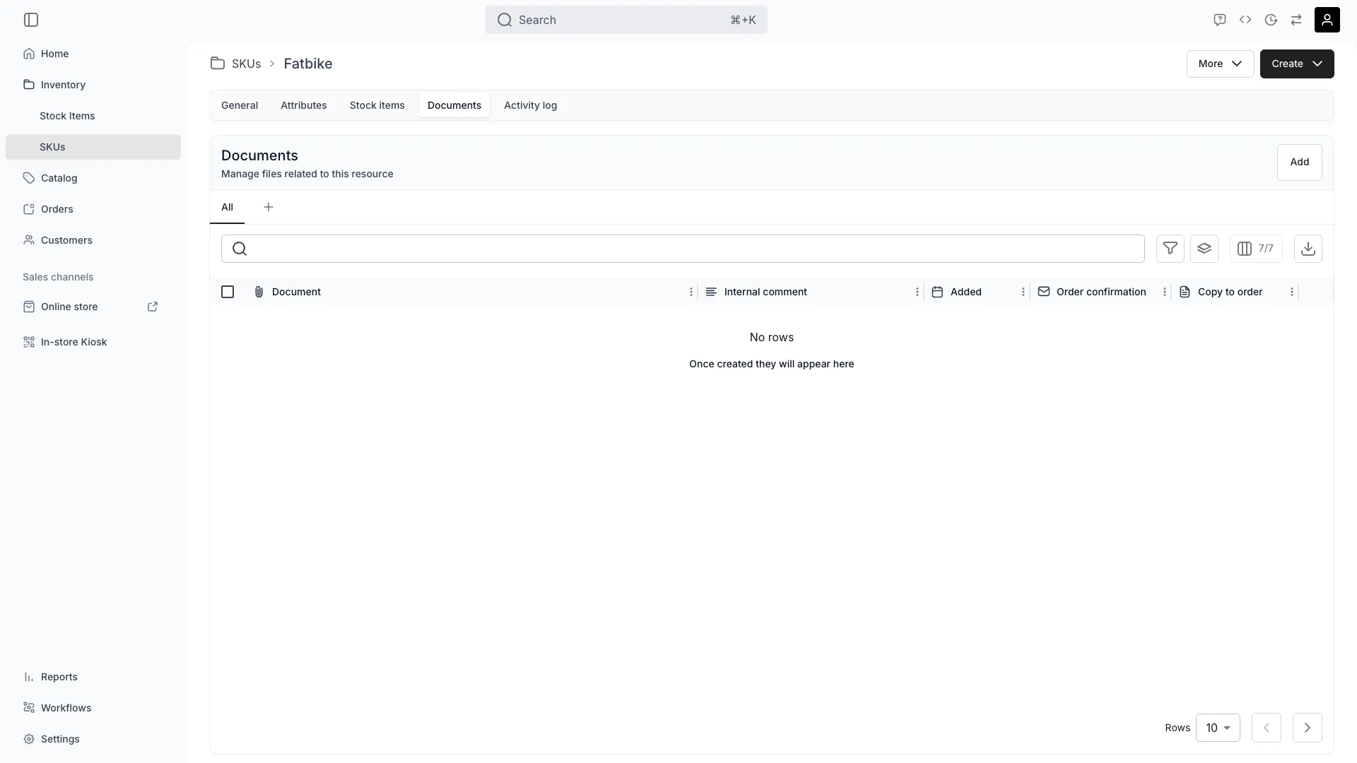 SKU Documents tab showing shared files and attachments