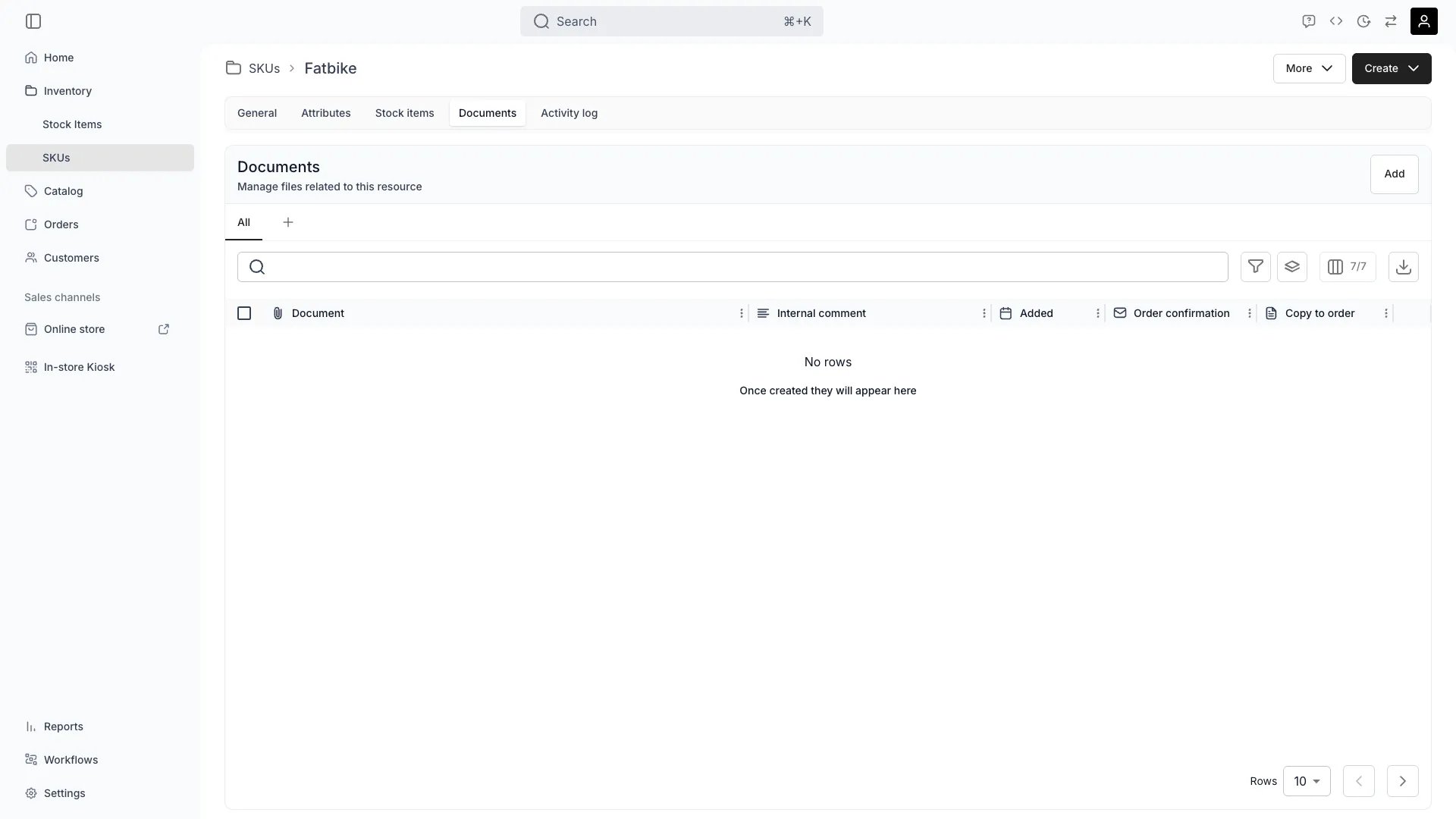 SKU Documents tab showing shared files and attachments