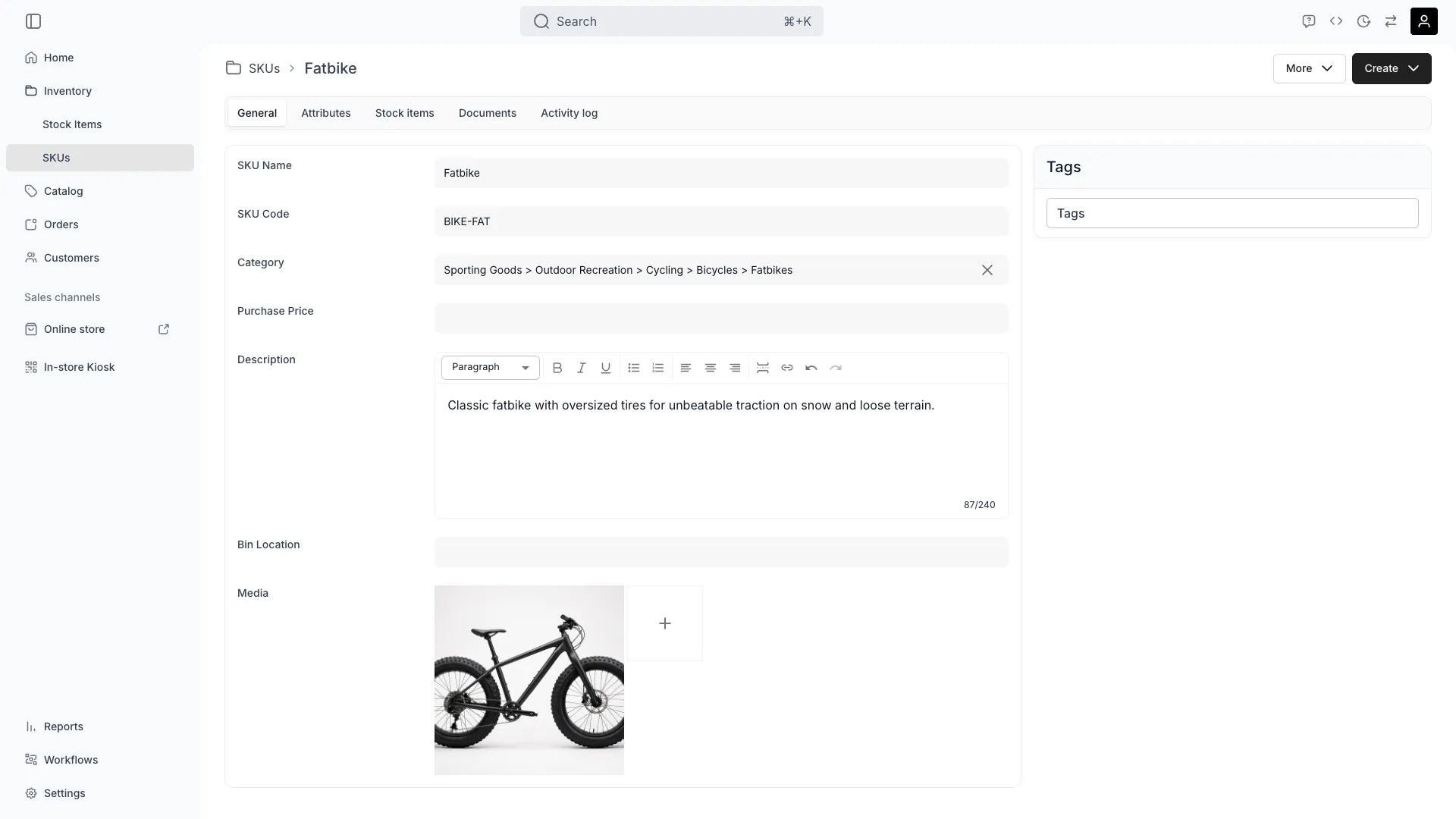 SKU General tab showing basic SKU information and settings