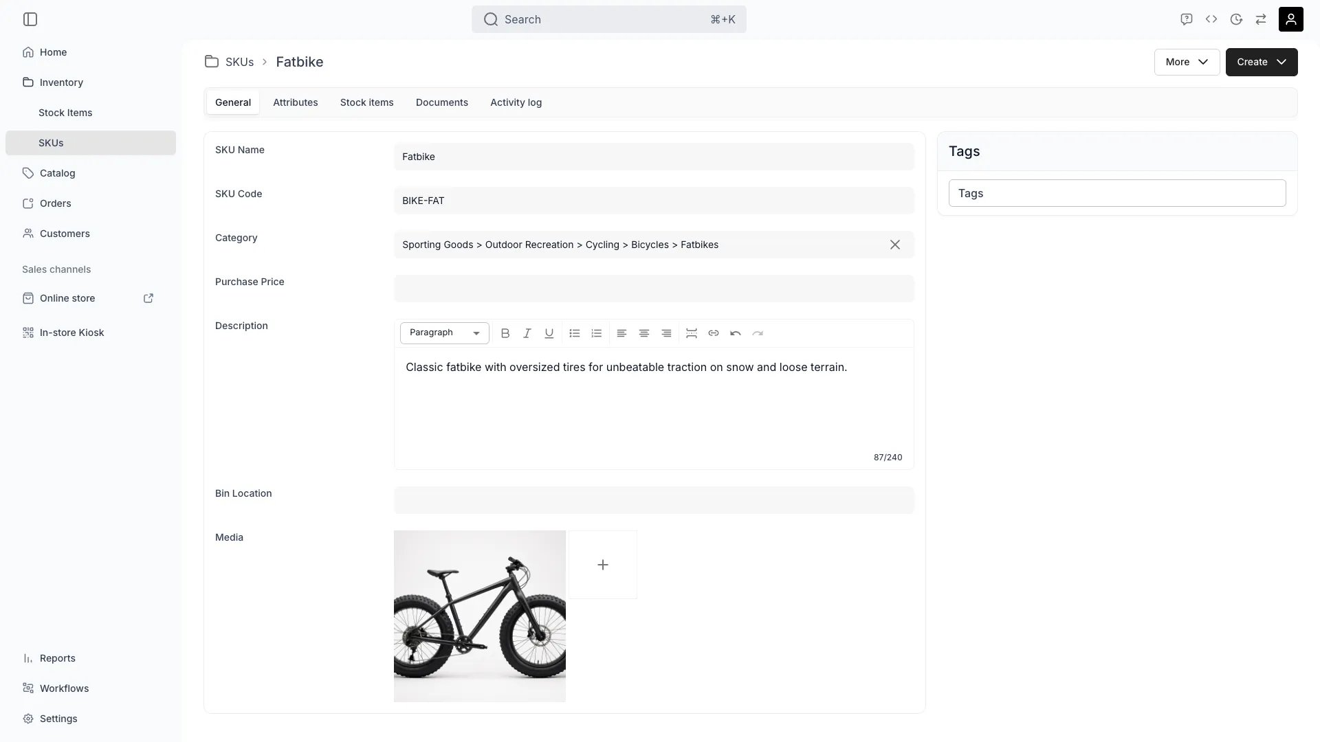 SKU General tab showing basic SKU information and settings