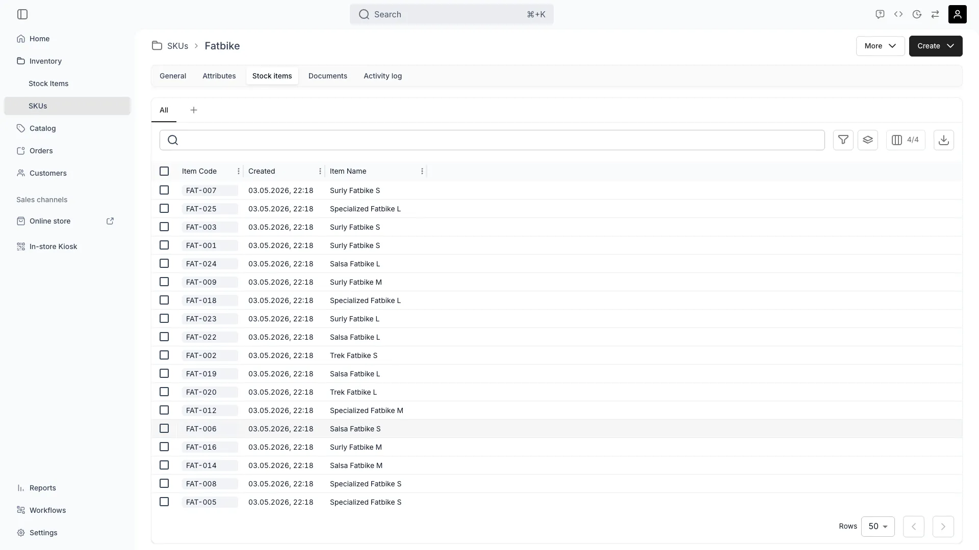 SKU Stock Items tab showing all linked stock items
