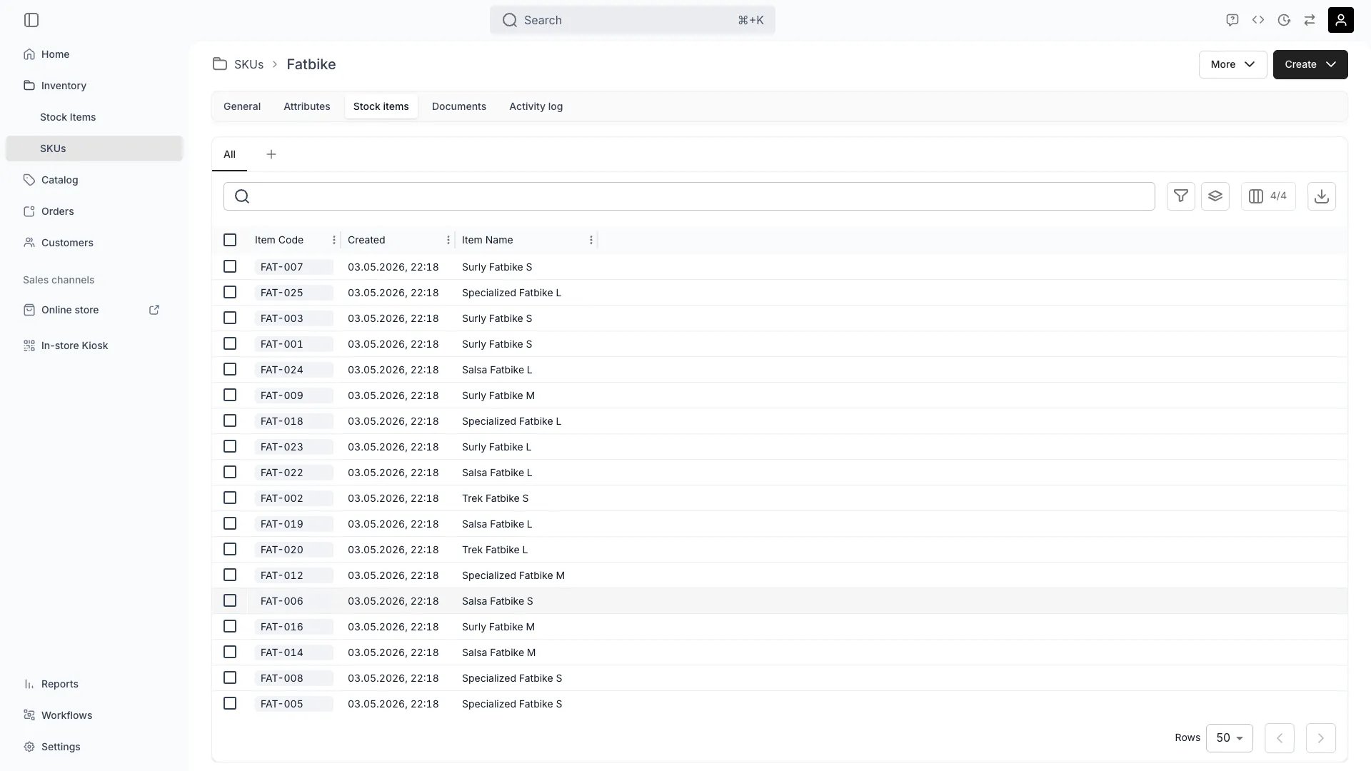 SKU Stock Items tab showing all linked stock items