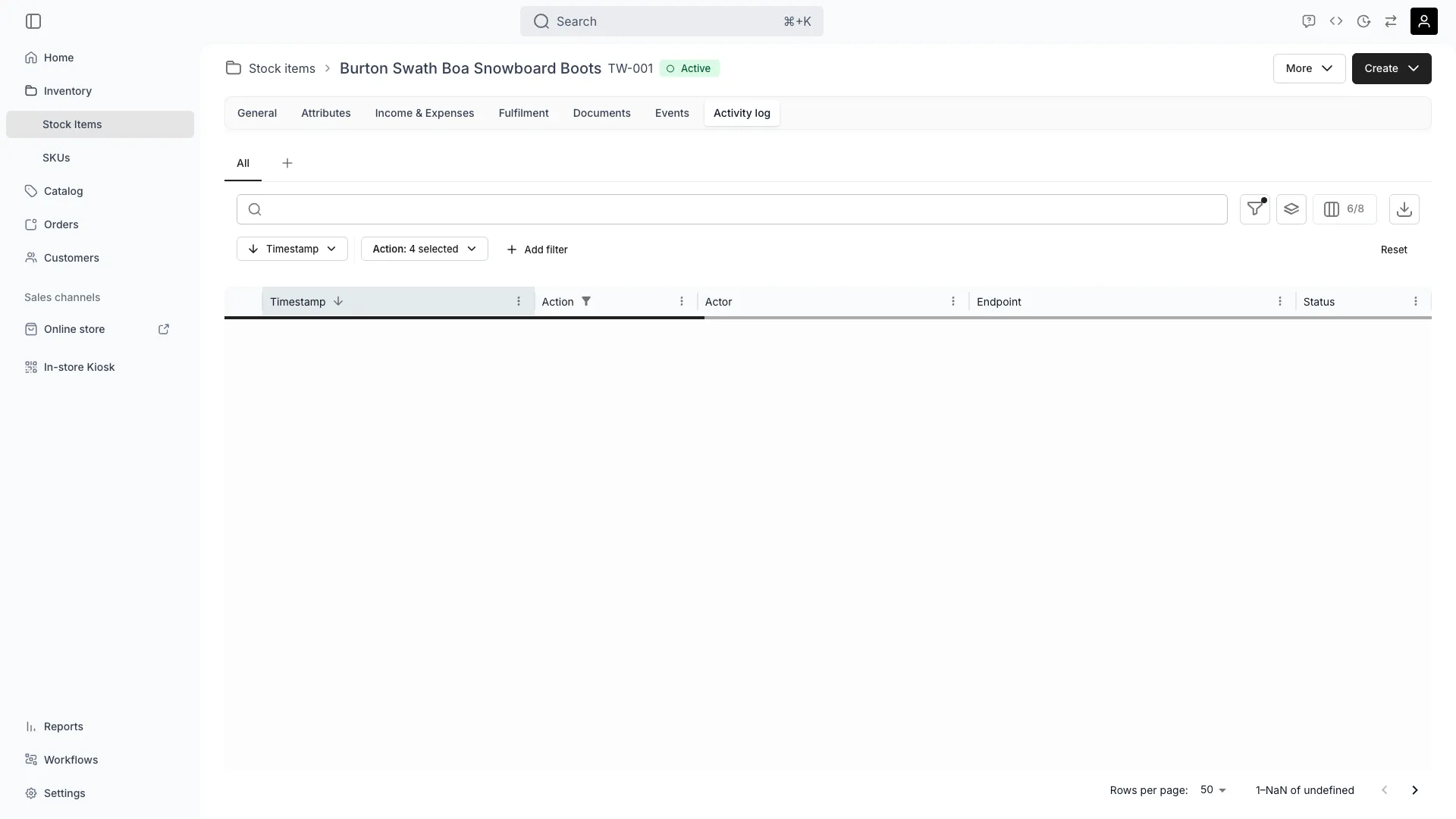 Stock item activity log showing detailed change history