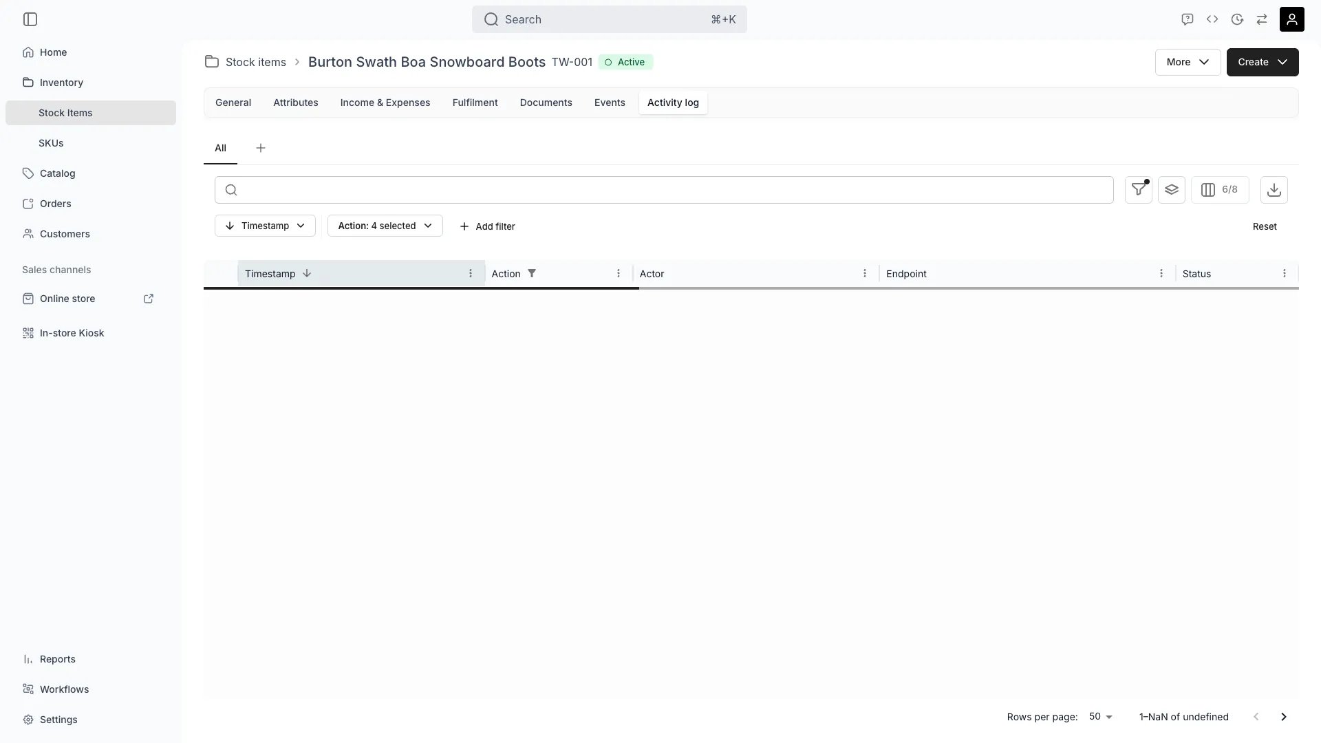 Stock item activity log showing detailed change history