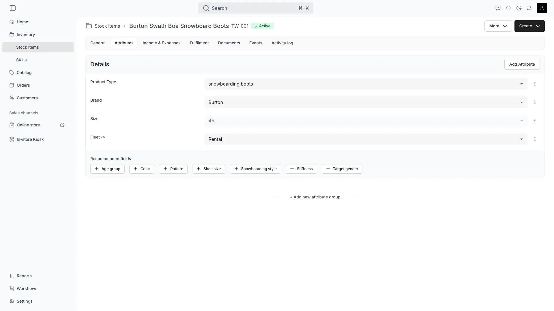Stock item attributes tab showing custom fields