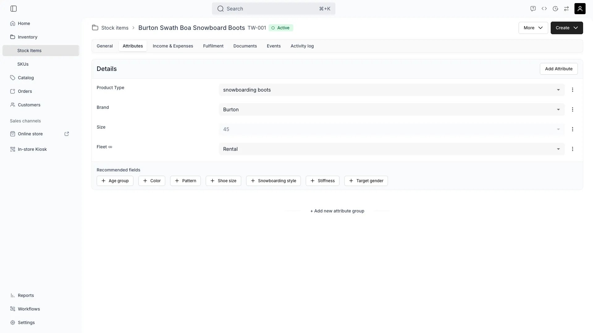 Stock item attributes tab showing custom fields