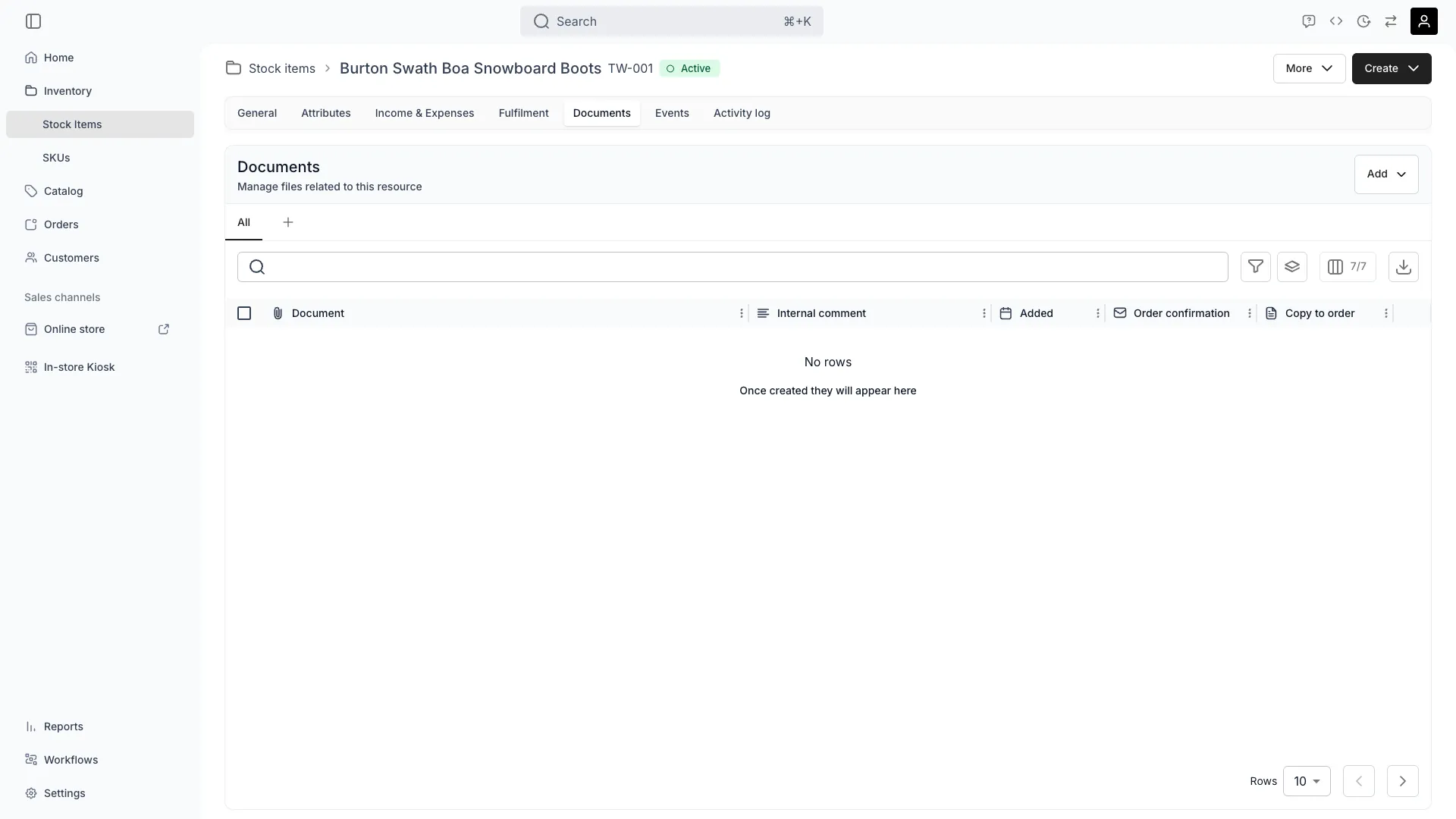 Stock item documents tab showing file upload and management
