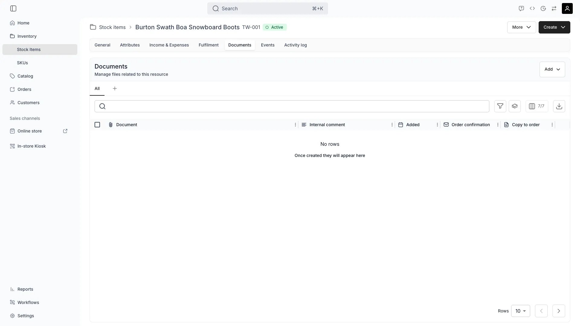 Stock item documents tab showing file upload and management