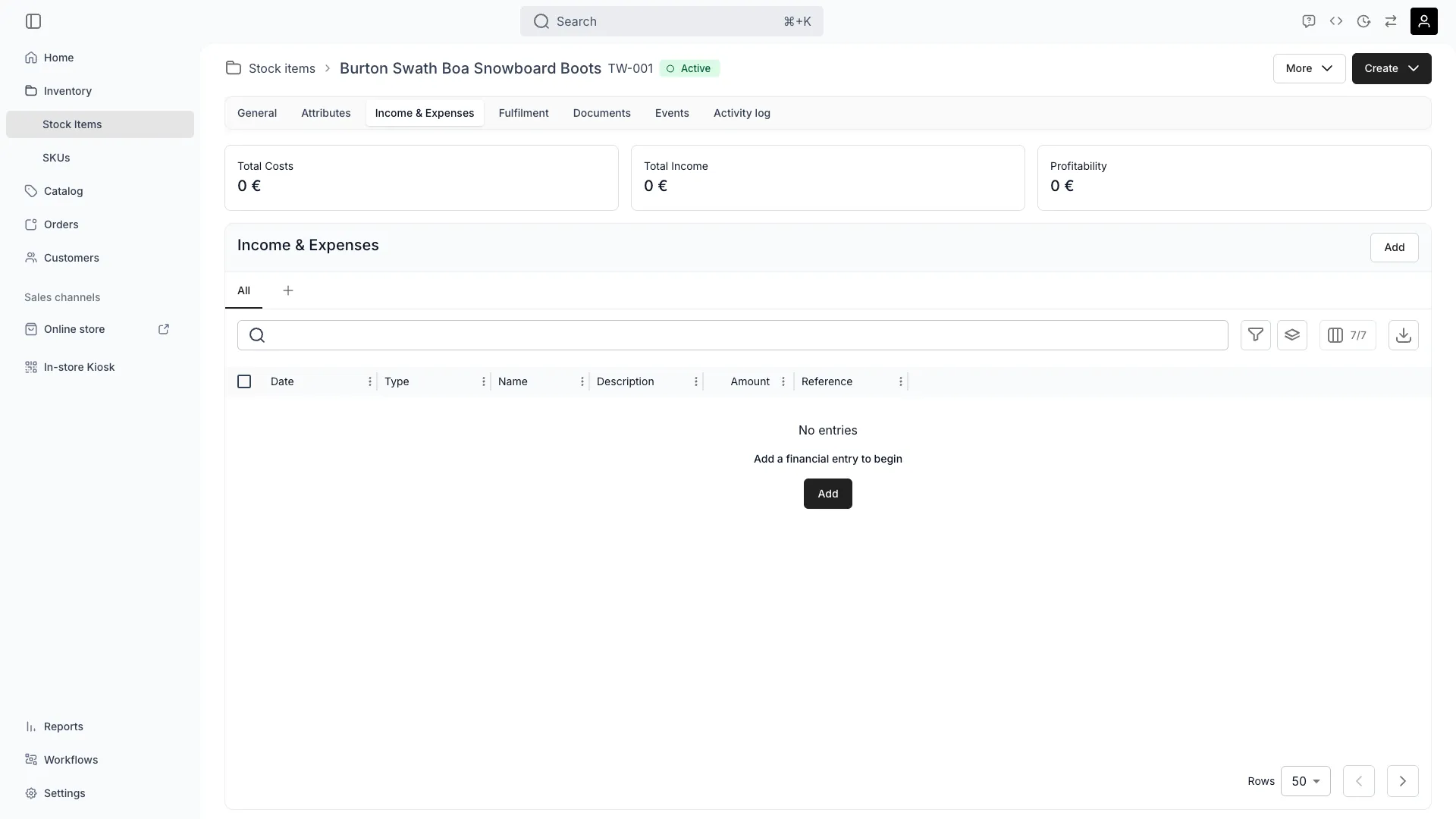 Stock item income and expenses tab showing financial tracking