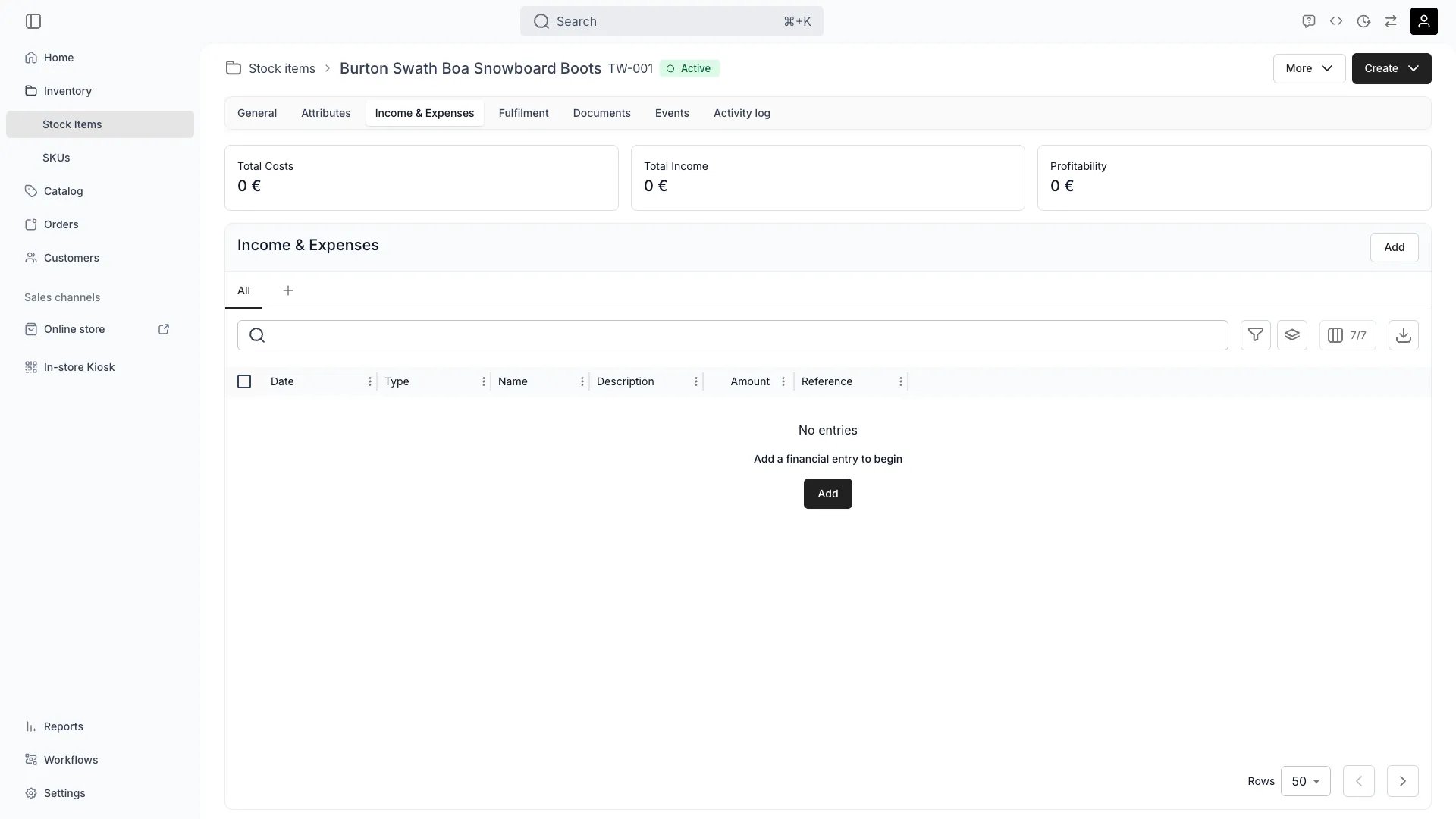 Stock item income and expenses tab showing financial tracking
