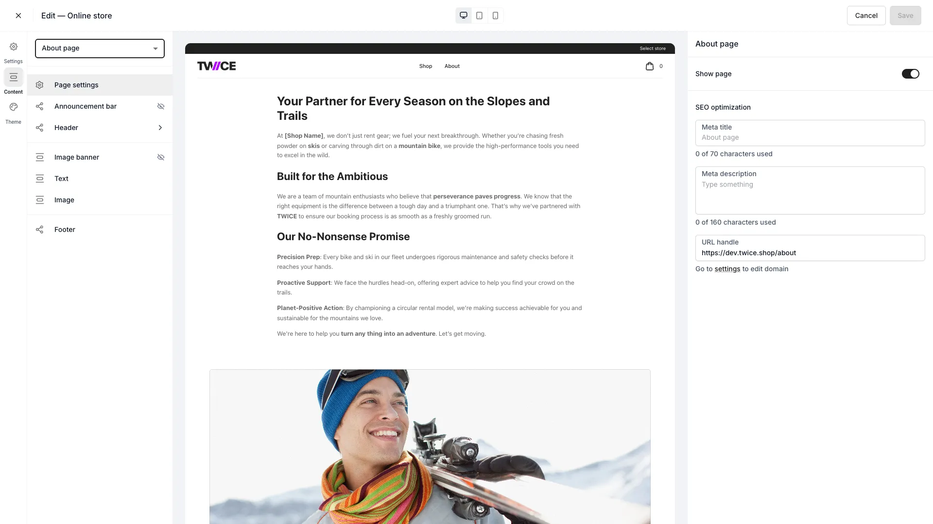 About page template in the theme editor