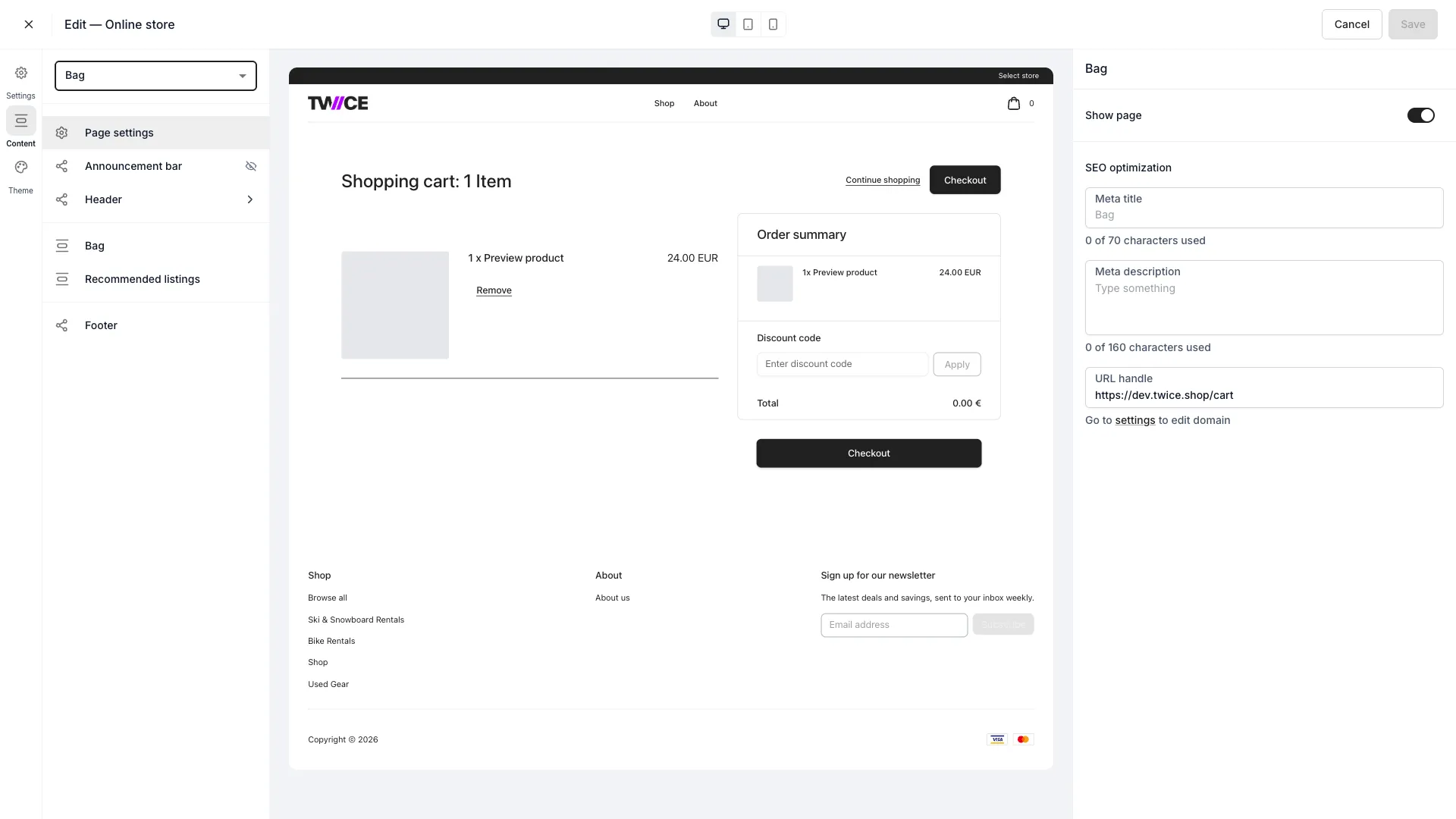 Bag page template in the theme editor