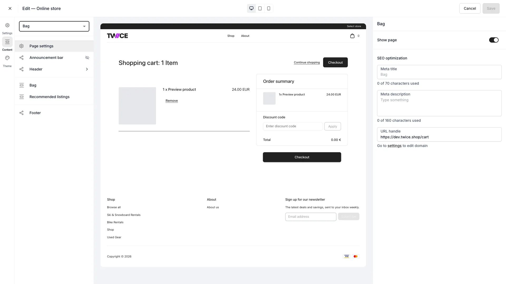 Bag page template in the theme editor