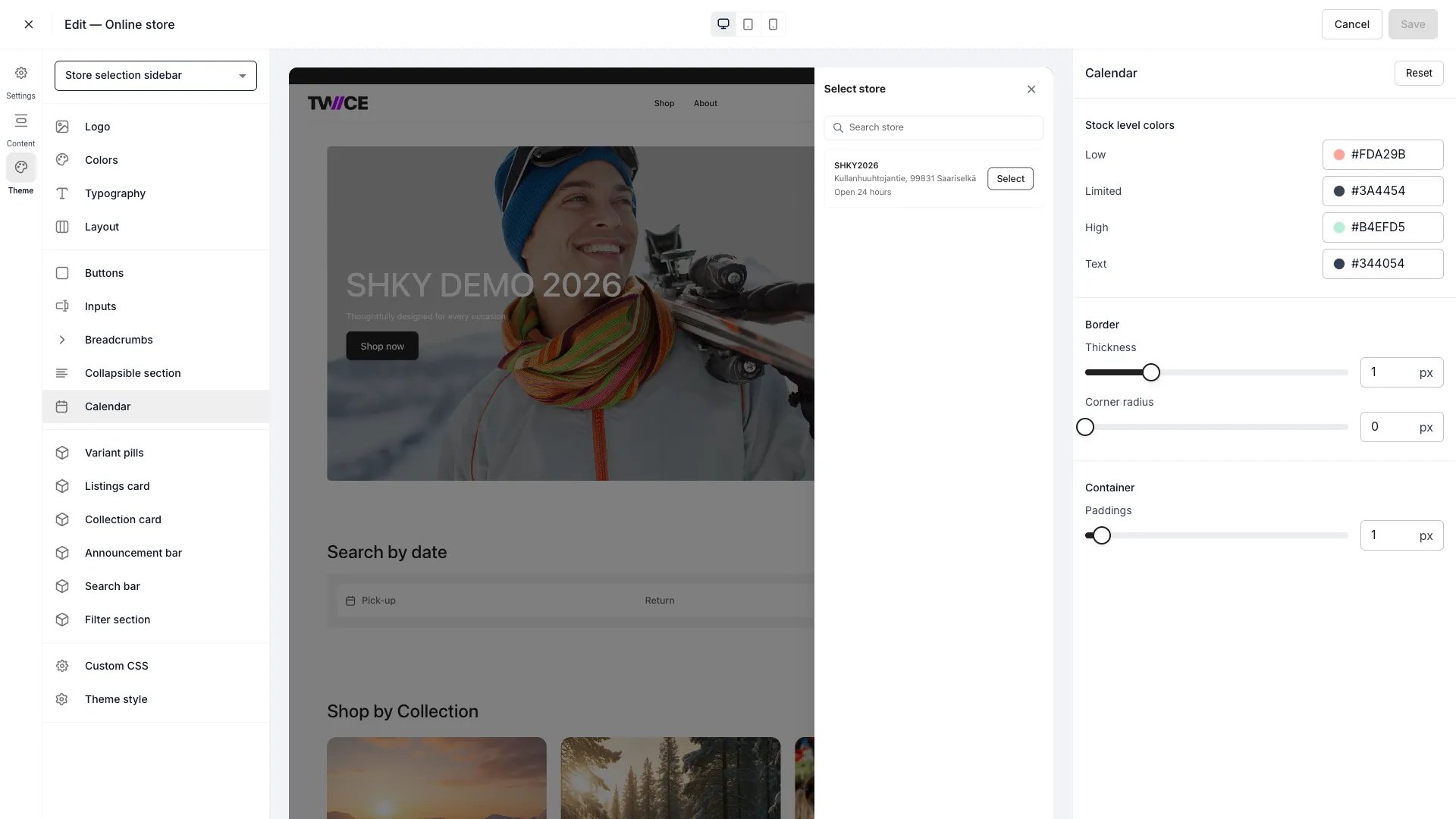 Calendar settings panel in the theme editor