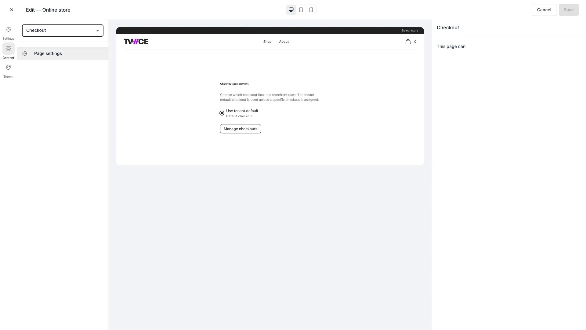 Checkout page settings in the theme editor