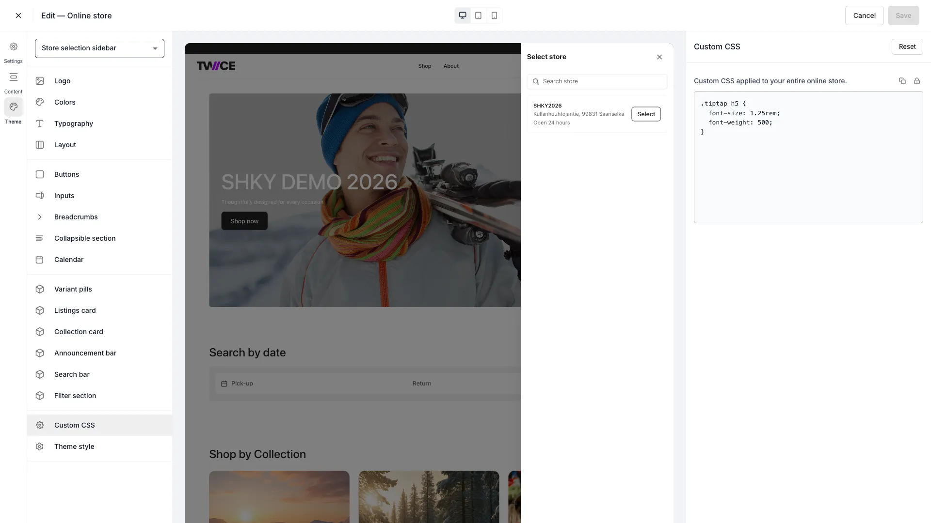 Custom CSS settings panel in the theme editor