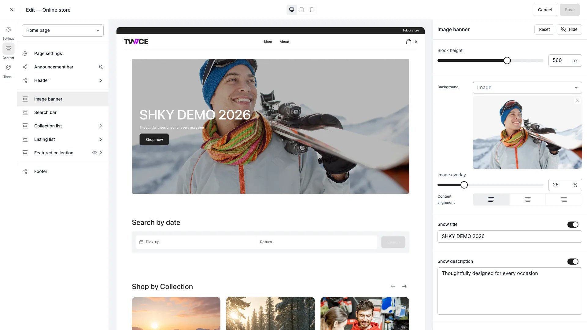 Theme editor showing the home page being edited
