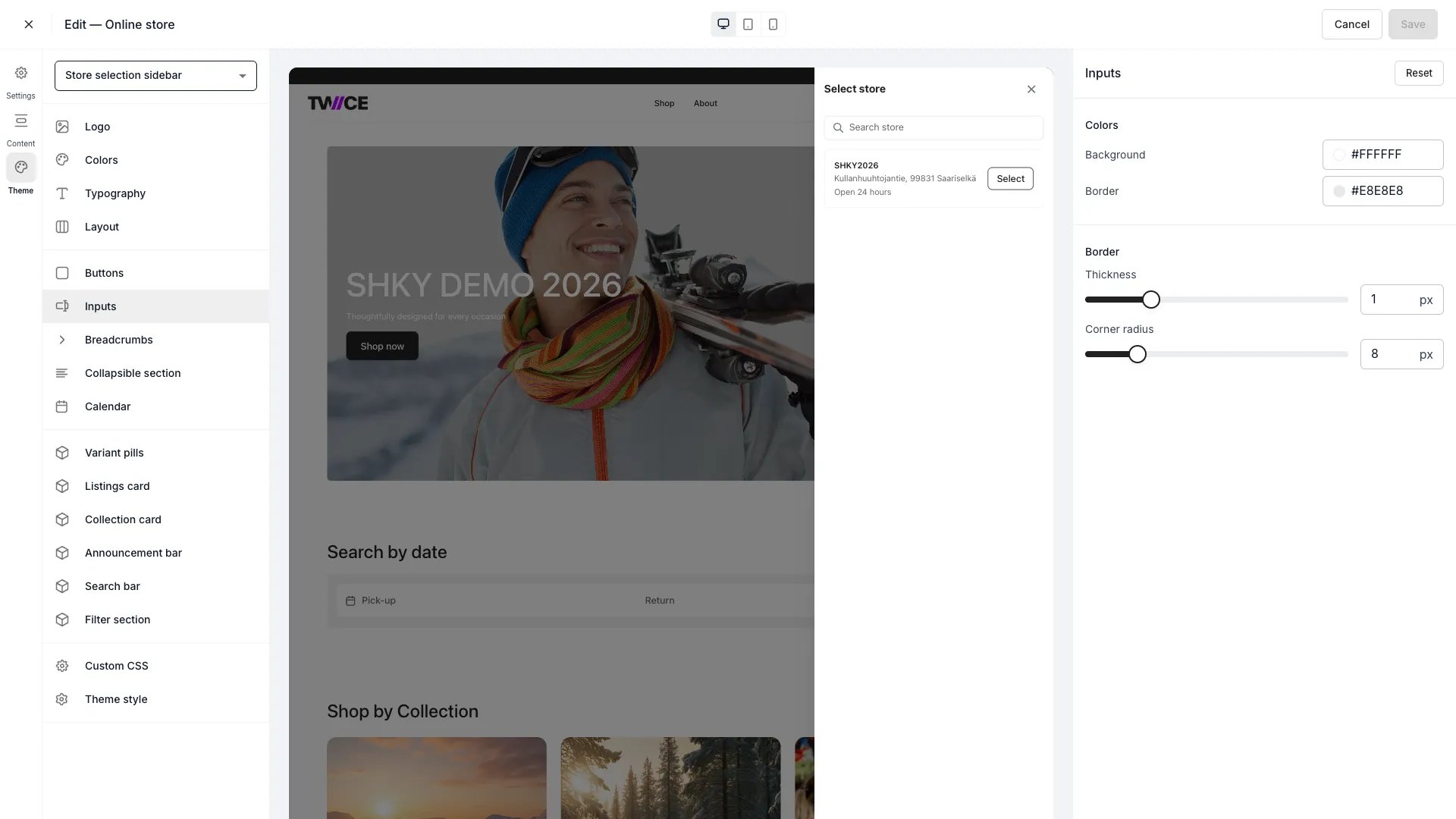 Inputs settings panel in the theme editor