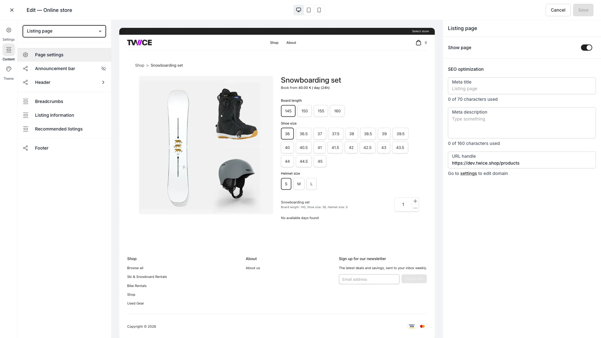 Listing page template in the theme editor