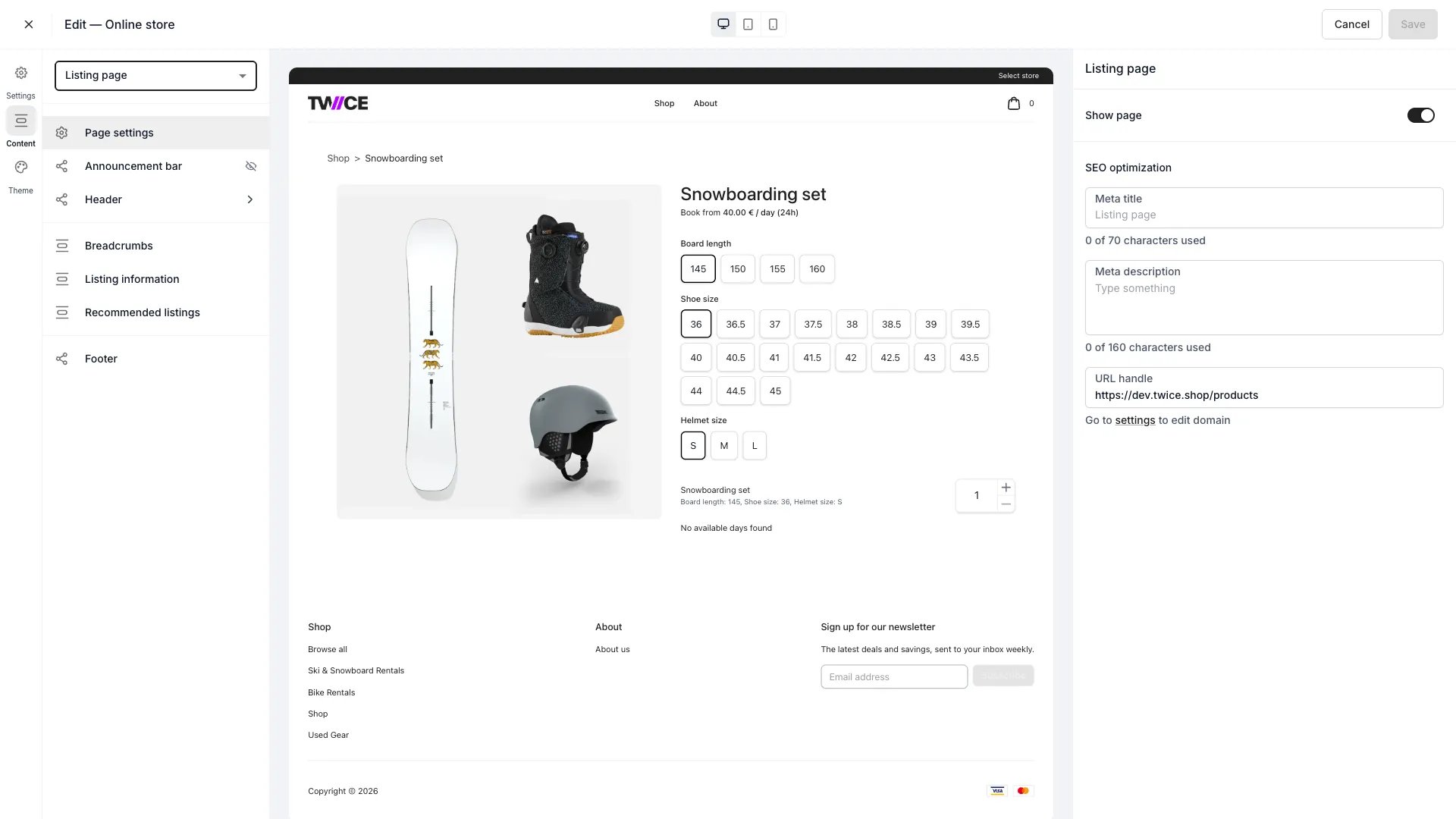 Listing page template in the theme editor