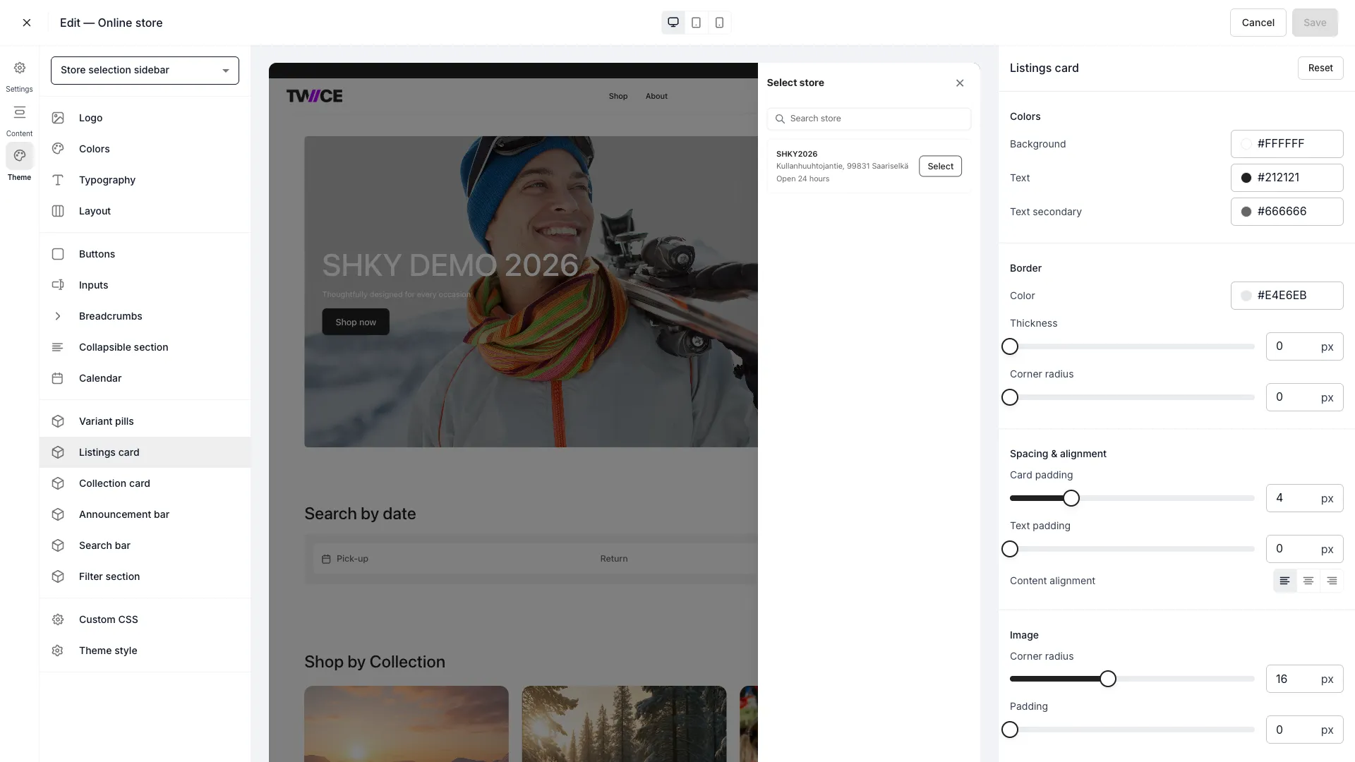 Listings card settings panel in the theme editor