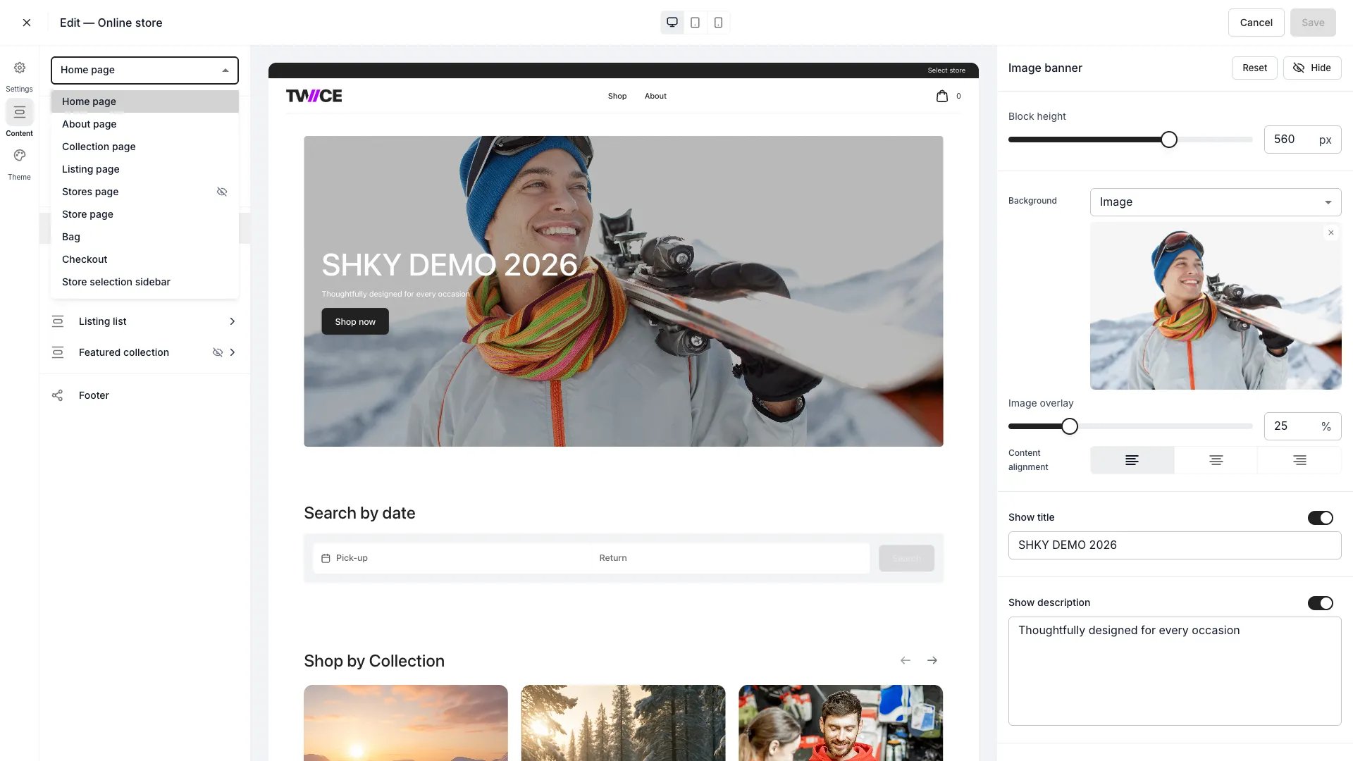 Page dropdown showing all editable storefront pages
